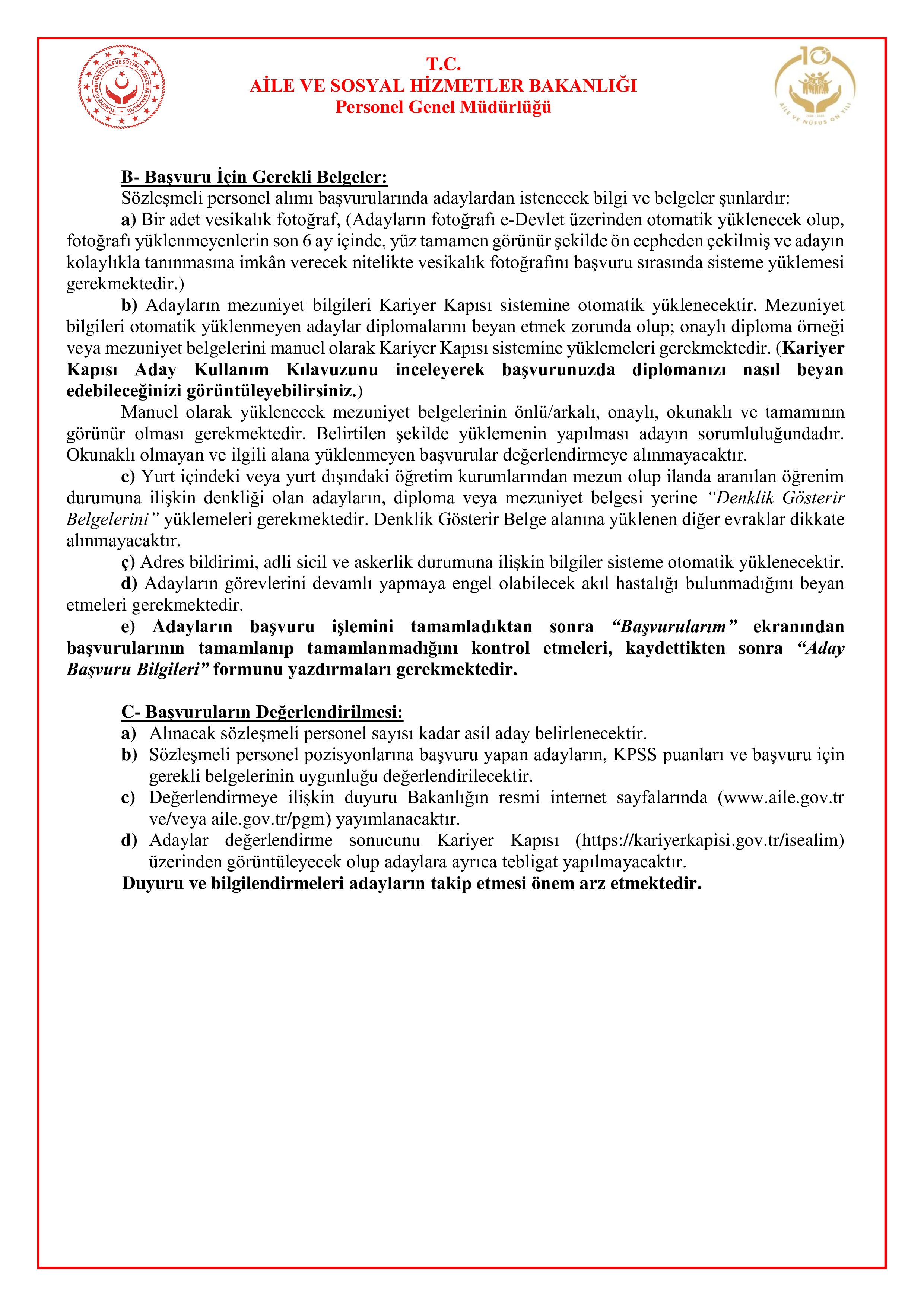 AİLE VE SOSYAL HİZMETLER BAKANLIĞI 680 SÖZLEŞMELİ PERSONEL ALACAK ( 7 Mayıs - 22 Mayıs) İlan İçeriği Sayfa 2