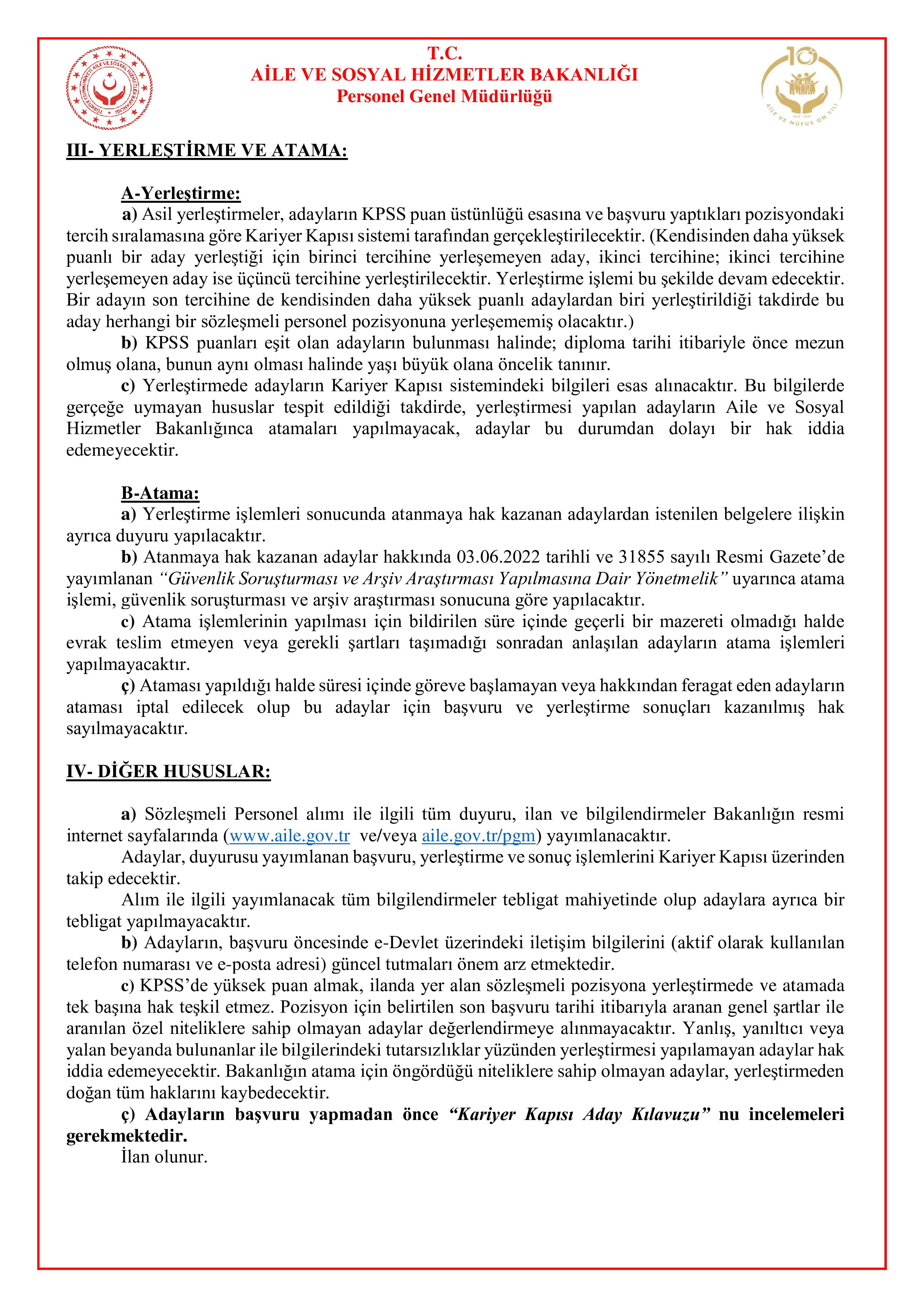 AİLE VE SOSYAL HİZMETLER BAKANLIĞI 680 SÖZLEŞMELİ PERSONEL ALACAK ( 7 Mayıs - 22 Mayıs) İlan İçeriği Sayfa 3