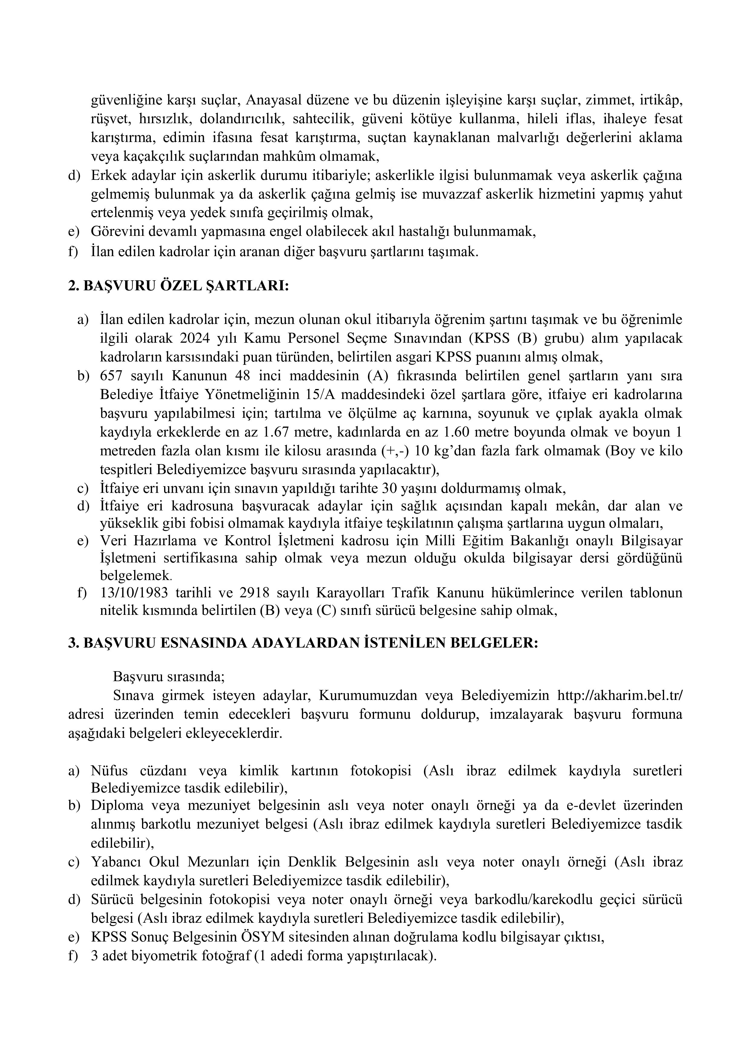 AKHARIM BELEDİYE BAŞKANLIĞI 2 MEMUR ALACAK ( 16 Haziran - 18 Haziran) İlan İçeriği Sayfa 2