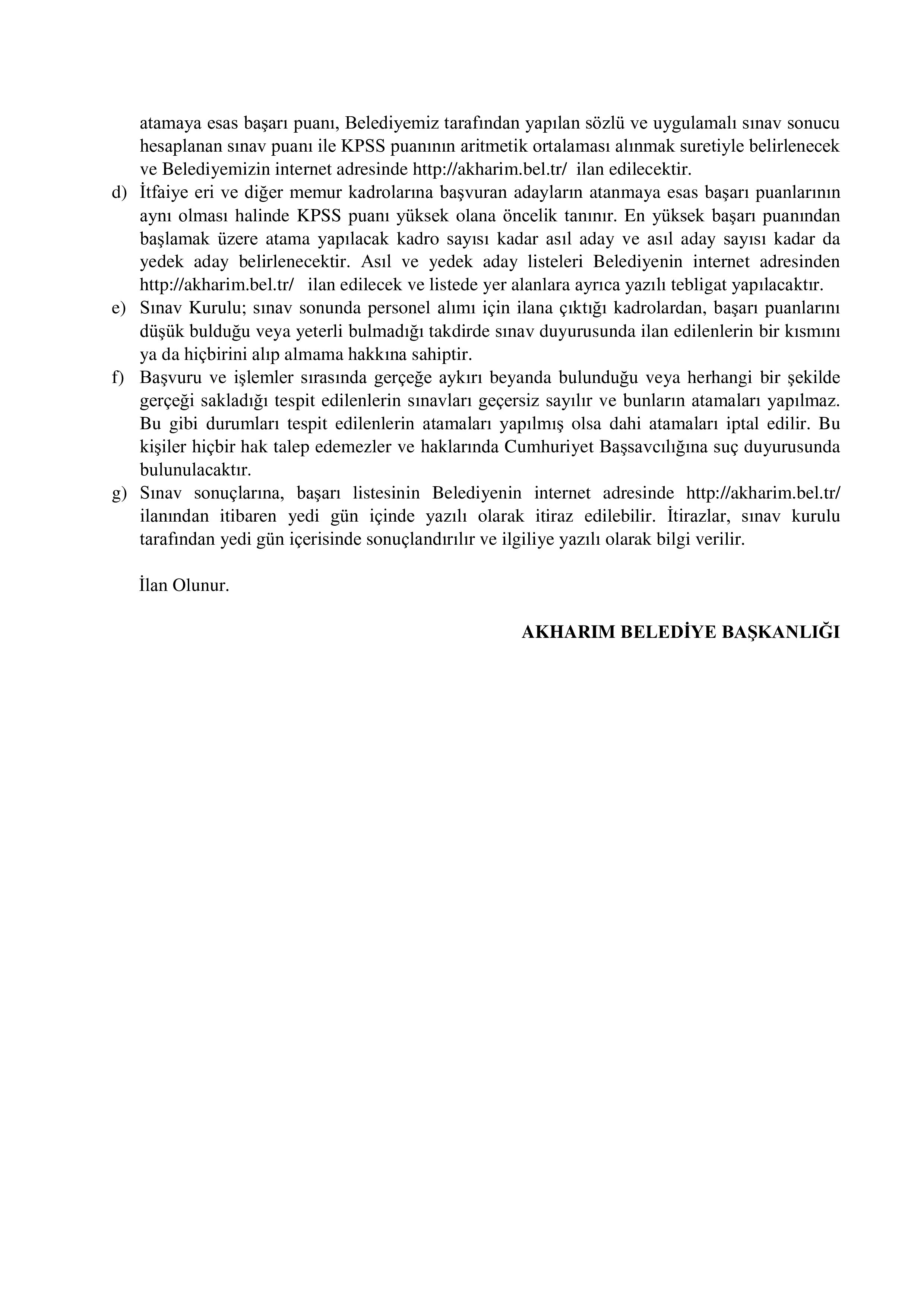 AKHARIM BELEDİYE BAŞKANLIĞI 2 MEMUR ALACAK ( 16 Haziran - 18 Haziran) İlan İçeriği Sayfa 5