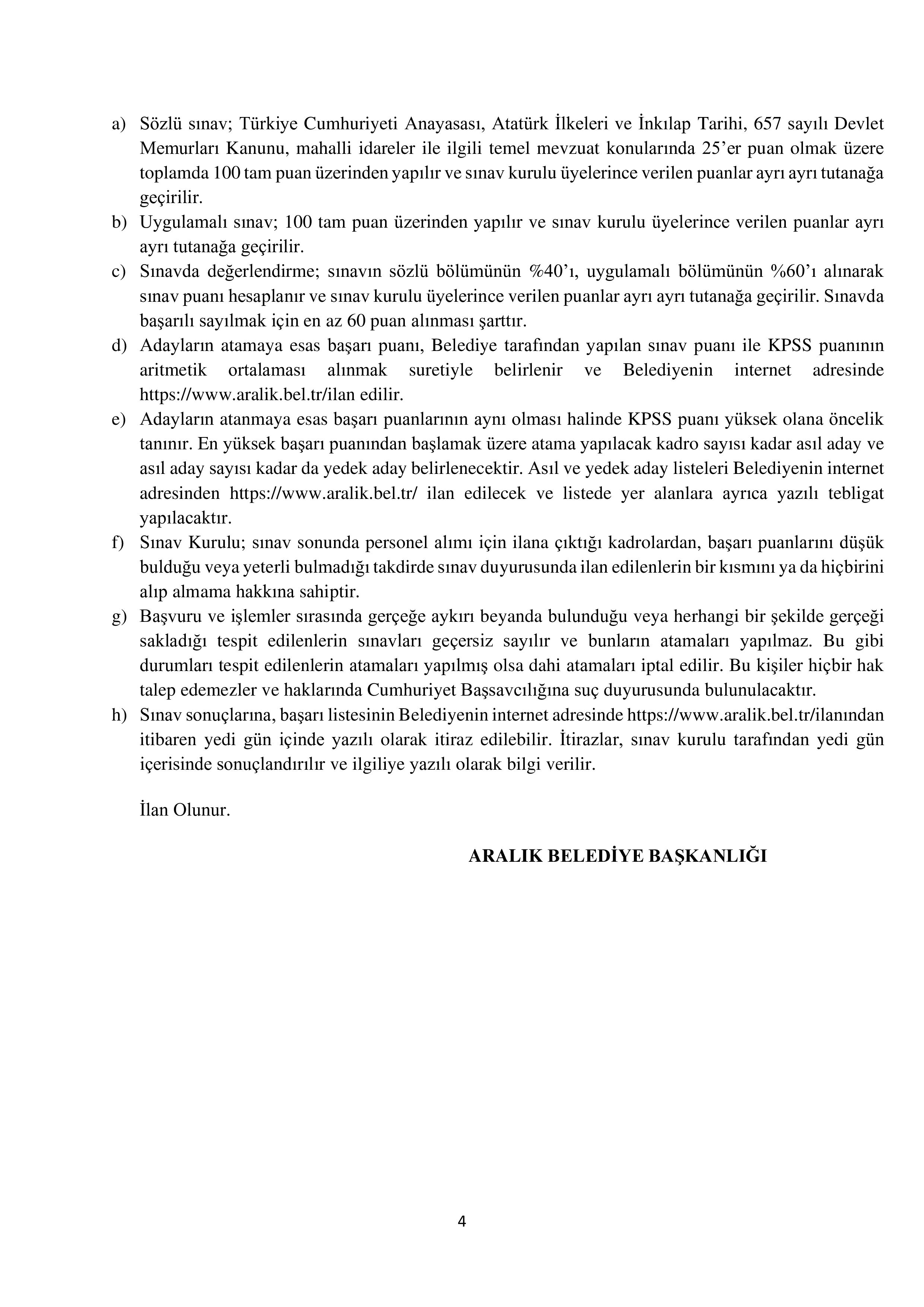 ARALIK BELEDİYE BAŞKANLIĞI 3 MEMUR ALACAK ( 22 Haziran - 24 Haziran) İlan İçeriği Sayfa 4