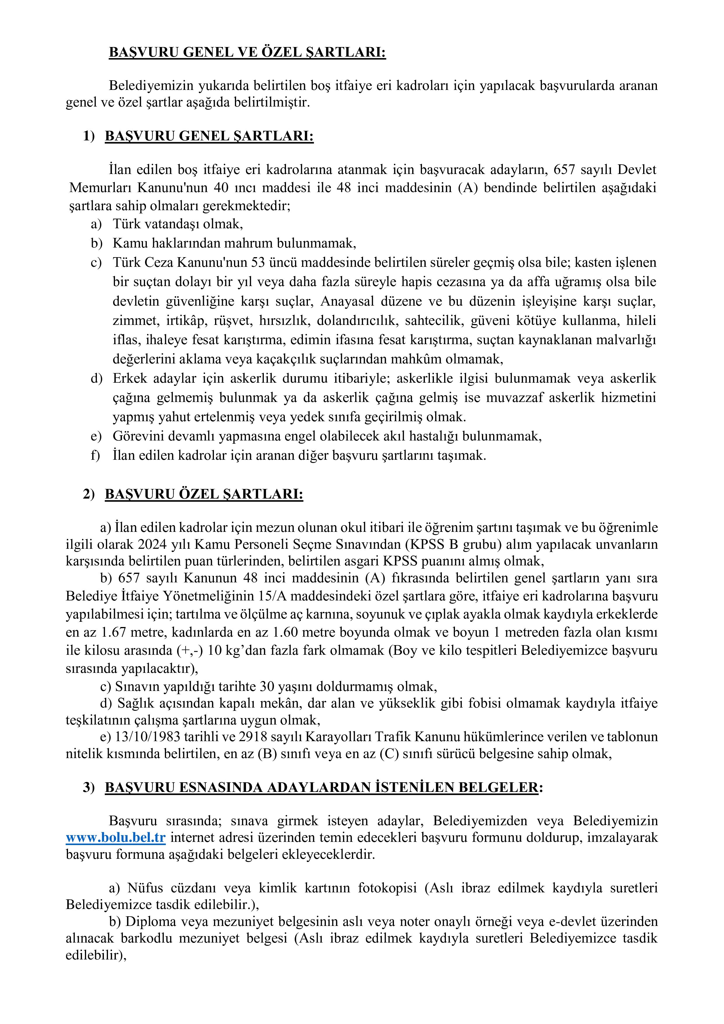 BOLU BELEDİYE BAŞKANLIĞI 8 İTFAİYE ERİ ALACAK ( 23 Şubat - 27 Şubat) İlan İçeriği Sayfa 2