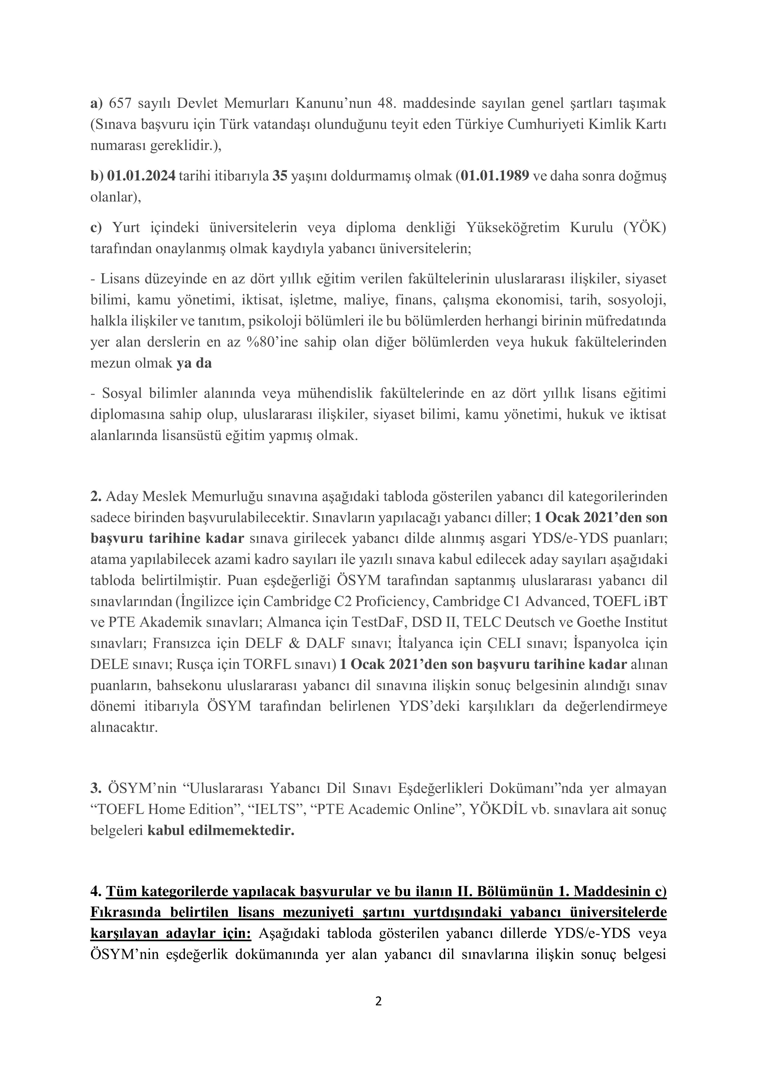 DIŞİŞLERİ BAKANLIĞI 200 ADAY MESLEK MEMURU ALACAK ( 16 Ağustos - 10 Eylül) İlan İçeriği Sayfa 2