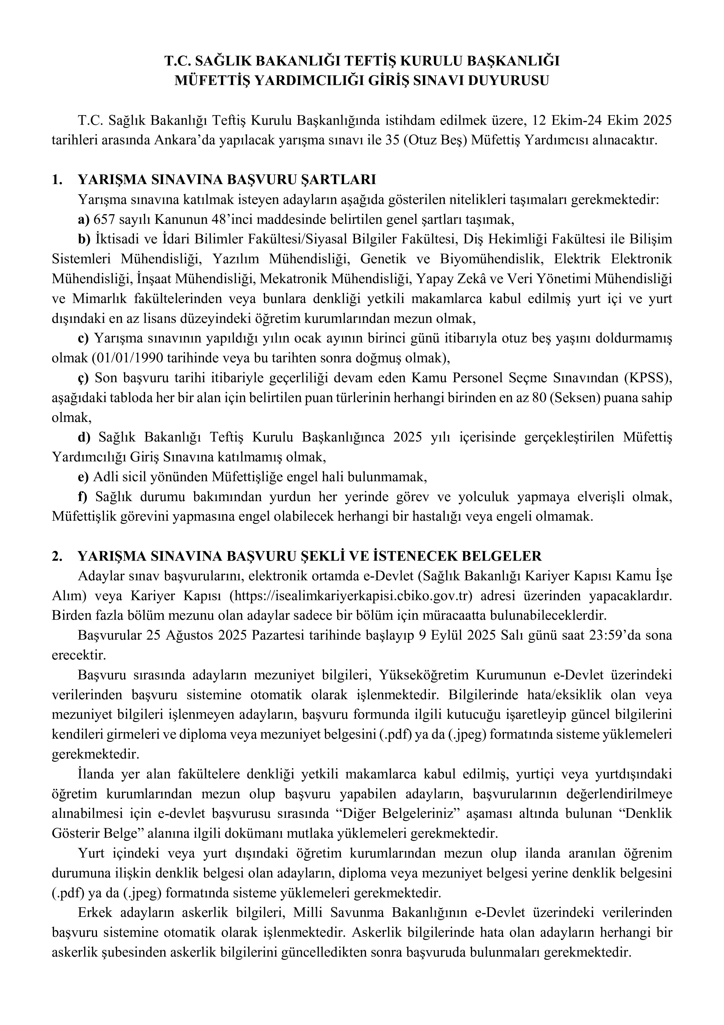 SAĞLIK BAKANLIĞI 35 MÜFETTİŞ YARDIMCISI ALACAK ( 25 Ağustos - 9 Eylül) İlan İçeriği Sayfa 1