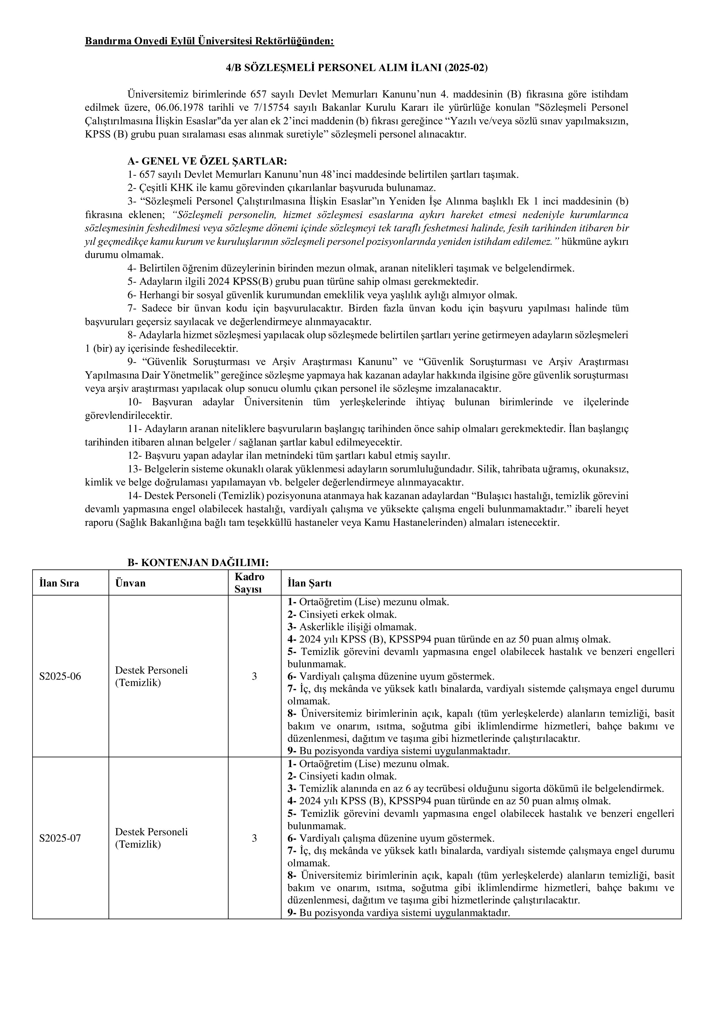BANDIRMA ONYEDİ EYLÜL ÜNİVERSİTESİ 12 SÖZLEŞMELİ PERSONEL ALACAK ( 8 Aralık - 22 Aralık) İlan İçeriği Sayfa 1