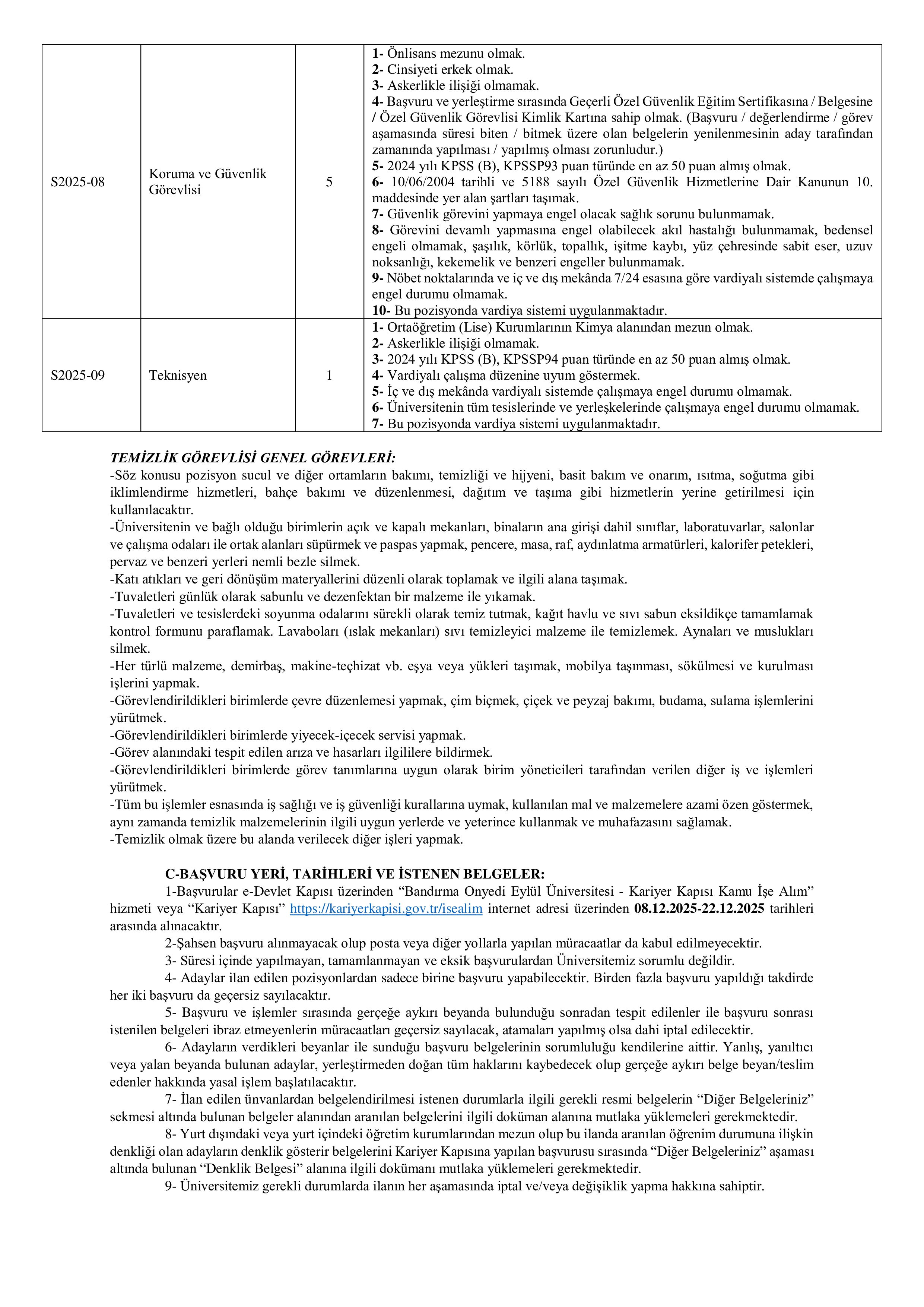 BANDIRMA ONYEDİ EYLÜL ÜNİVERSİTESİ 12 SÖZLEŞMELİ PERSONEL ALACAK ( 8 Aralık - 22 Aralık) İlan İçeriği Sayfa 2