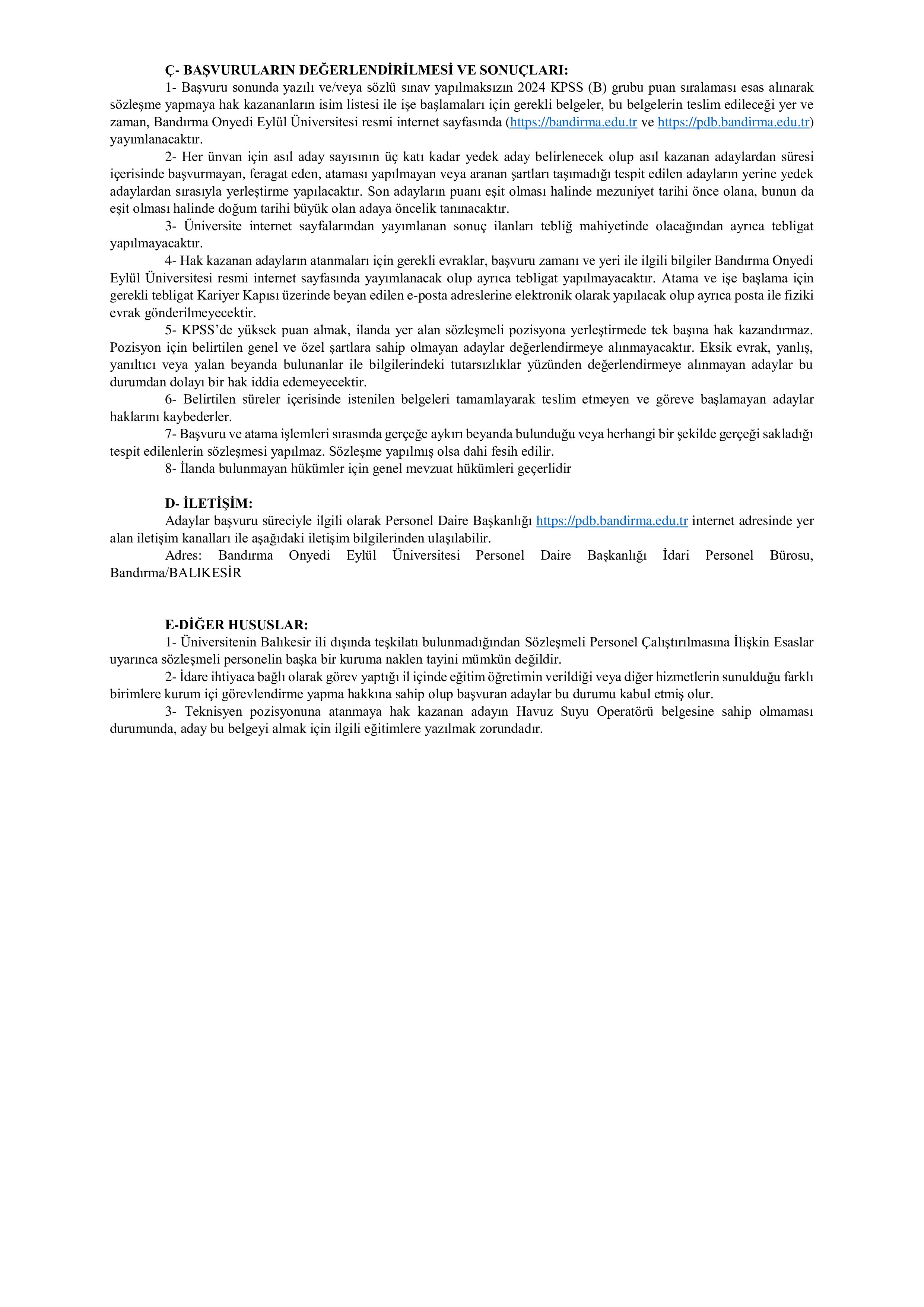 BANDIRMA ONYEDİ EYLÜL ÜNİVERSİTESİ 12 SÖZLEŞMELİ PERSONEL ALACAK ( 8 Aralık - 22 Aralık) İlan İçeriği Sayfa 3