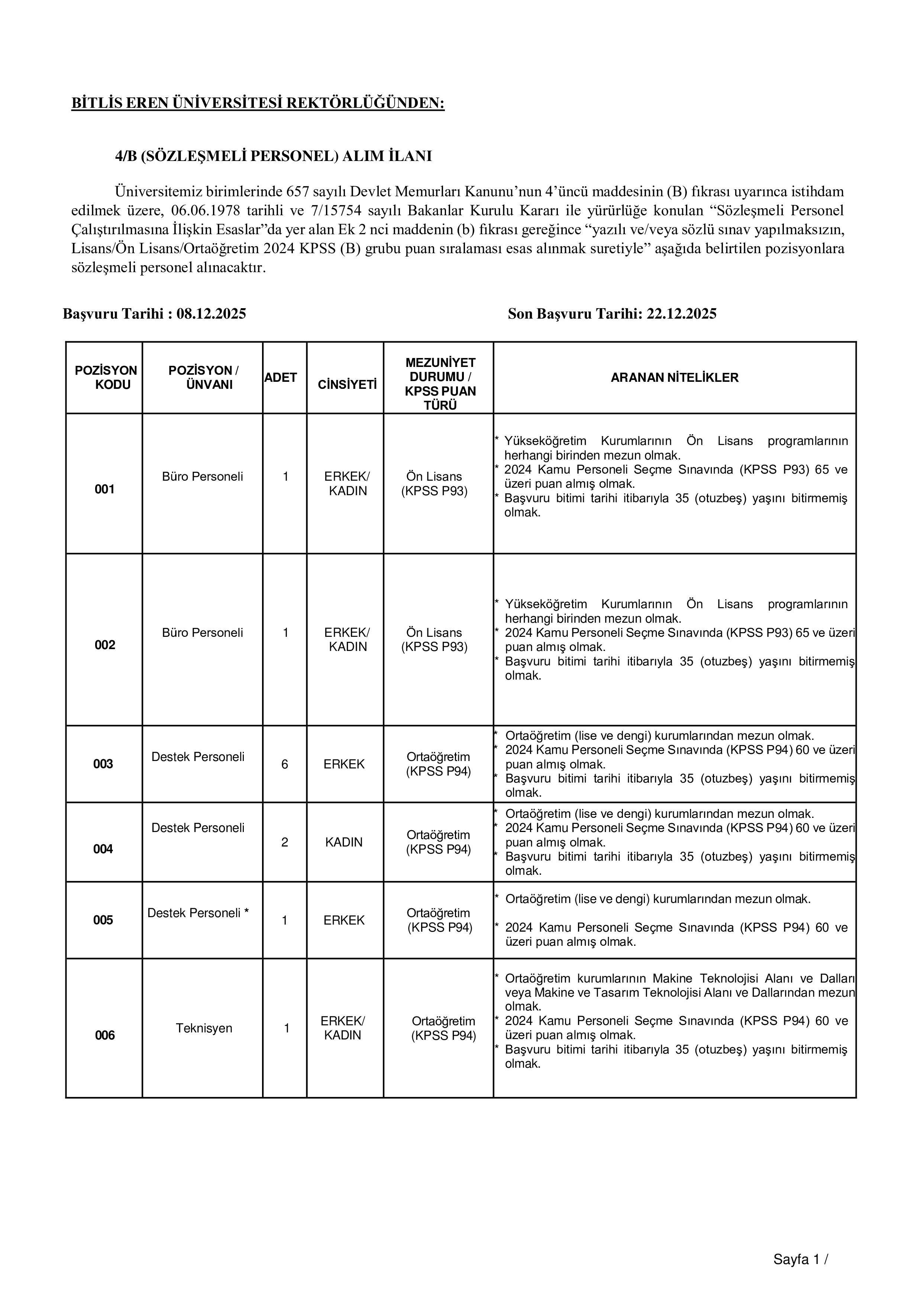 BİTLİS EREN ÜNİVERSİTESİ 12 SÖZLEŞMELİ PERSONEL ALACAK ( 8 Aralık - 22 Aralık) İlan İçeriği Sayfa 1