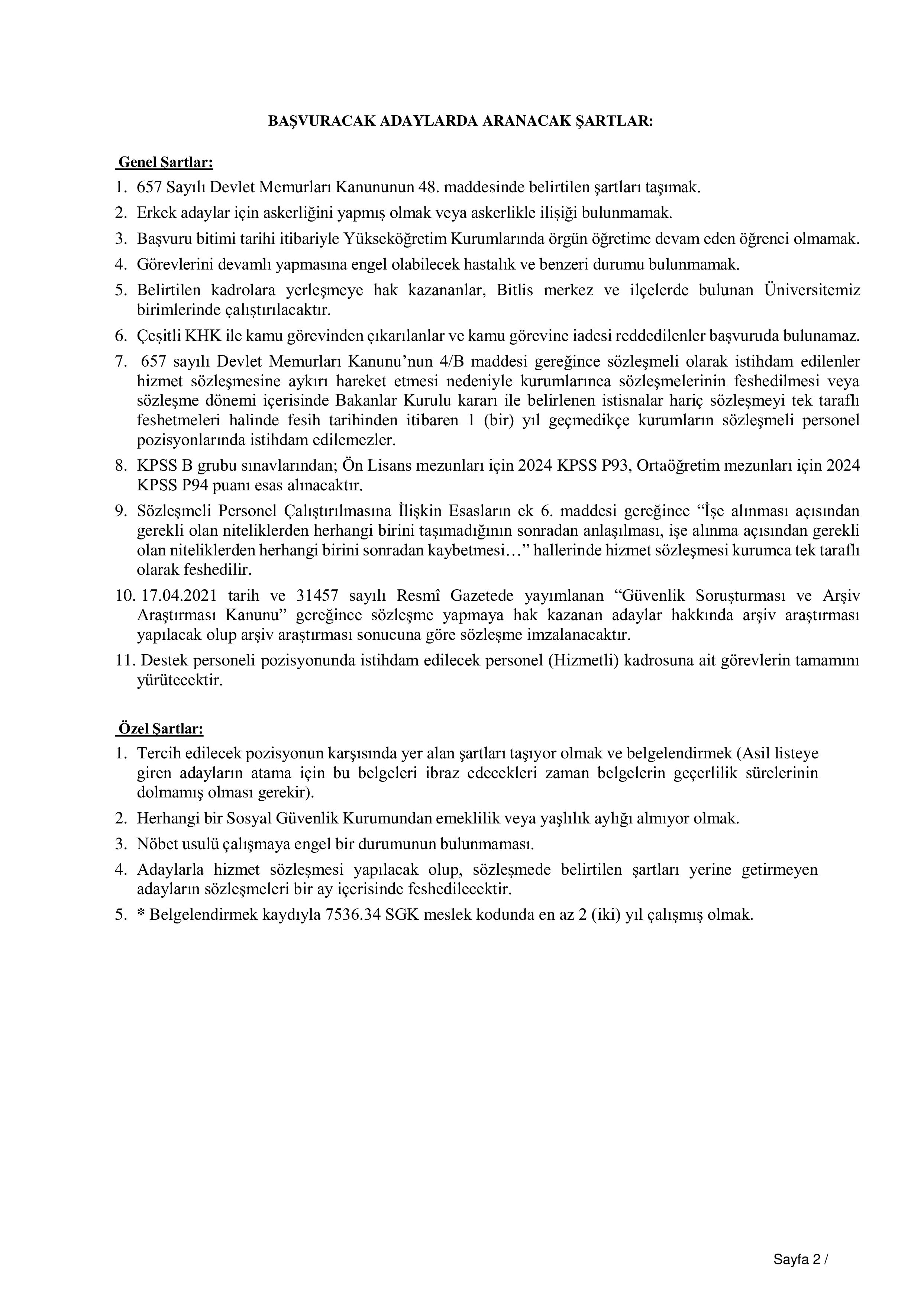 BİTLİS EREN ÜNİVERSİTESİ 12 SÖZLEŞMELİ PERSONEL ALACAK ( 8 Aralık - 22 Aralık) İlan İçeriği Sayfa 2