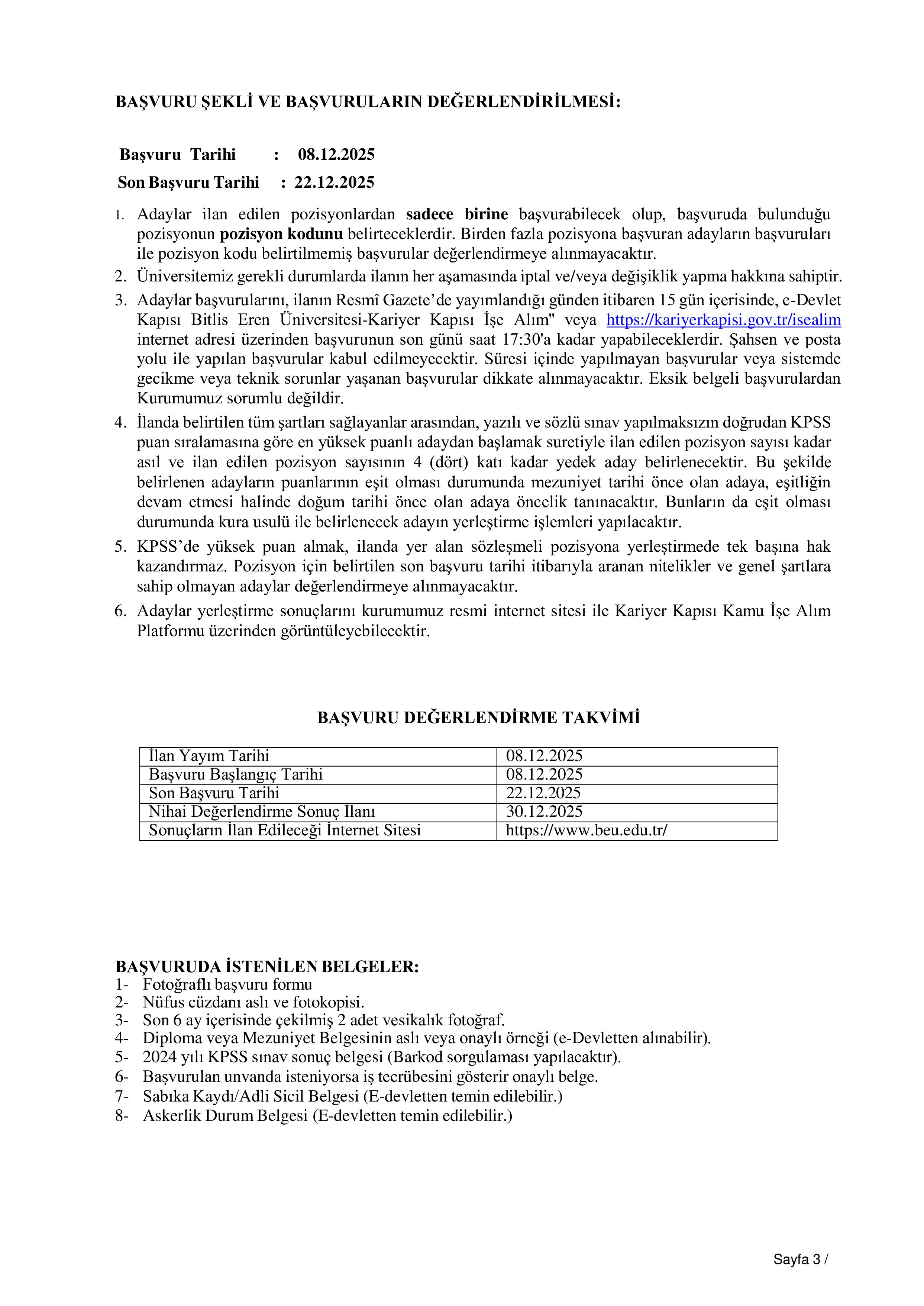 BİTLİS EREN ÜNİVERSİTESİ 12 SÖZLEŞMELİ PERSONEL ALACAK ( 8 Aralık - 22 Aralık) İlan İçeriği Sayfa 3