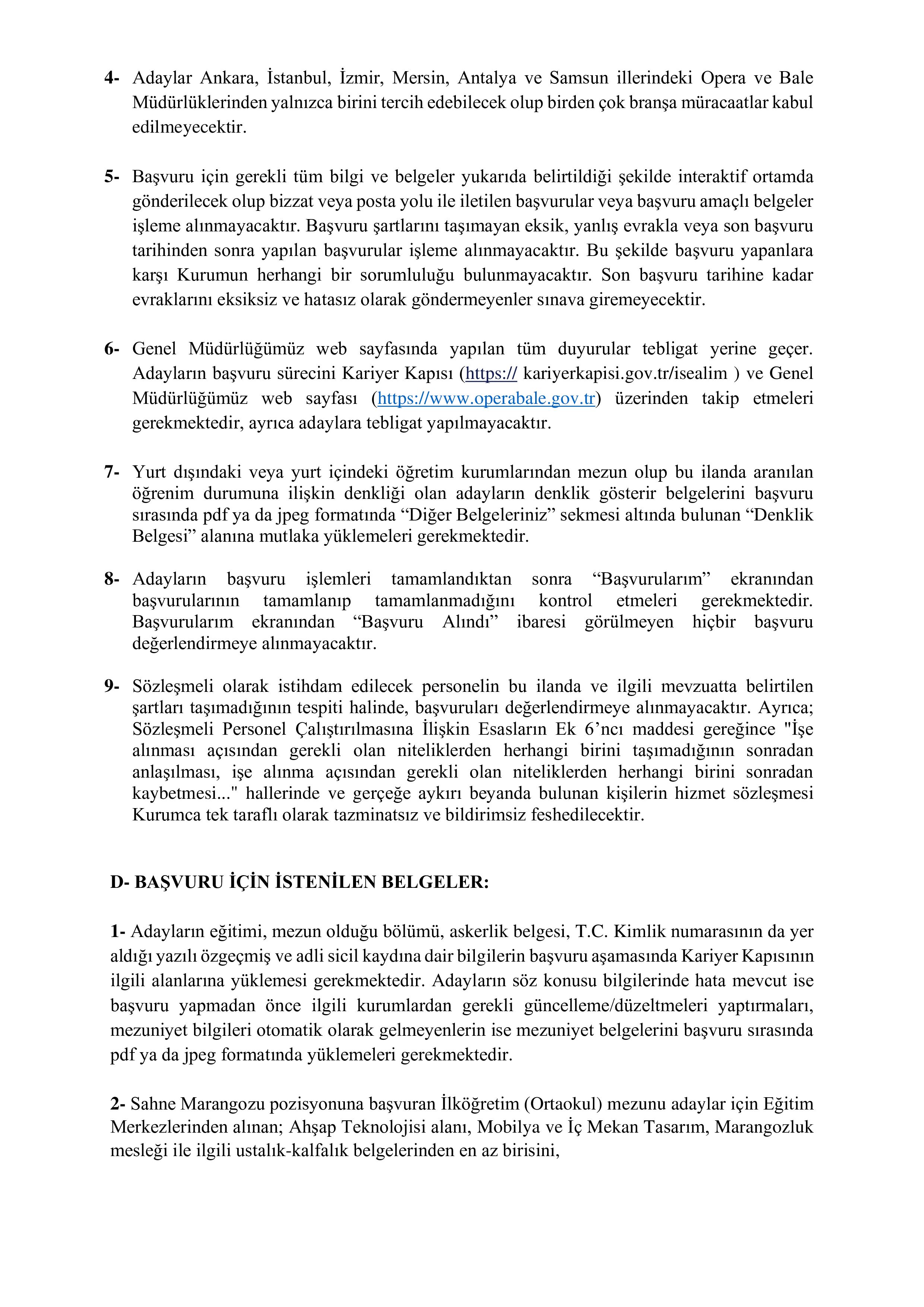 DEVLET OPERA VE BALESİ GENEL MÜDÜRLÜĞÜ 25 SÖZLEŞMELİ PERSONEL ALACAK ( 8 Aralık - 22 Aralık) İlan İçeriği Sayfa 6