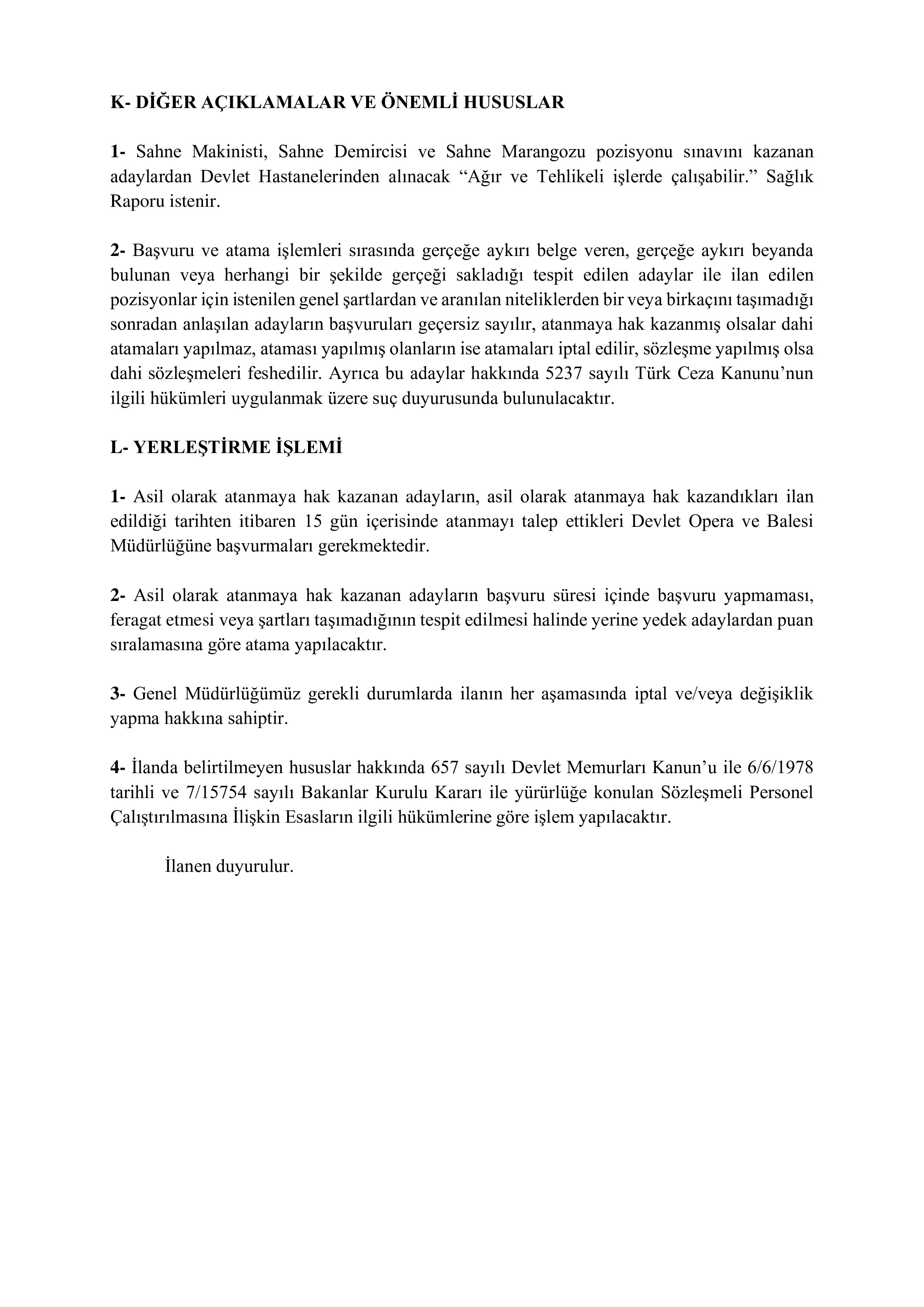 DEVLET OPERA VE BALESİ GENEL MÜDÜRLÜĞÜ 25 SÖZLEŞMELİ PERSONEL ALACAK ( 8 Aralık - 22 Aralık) İlan İçeriği Sayfa 9
