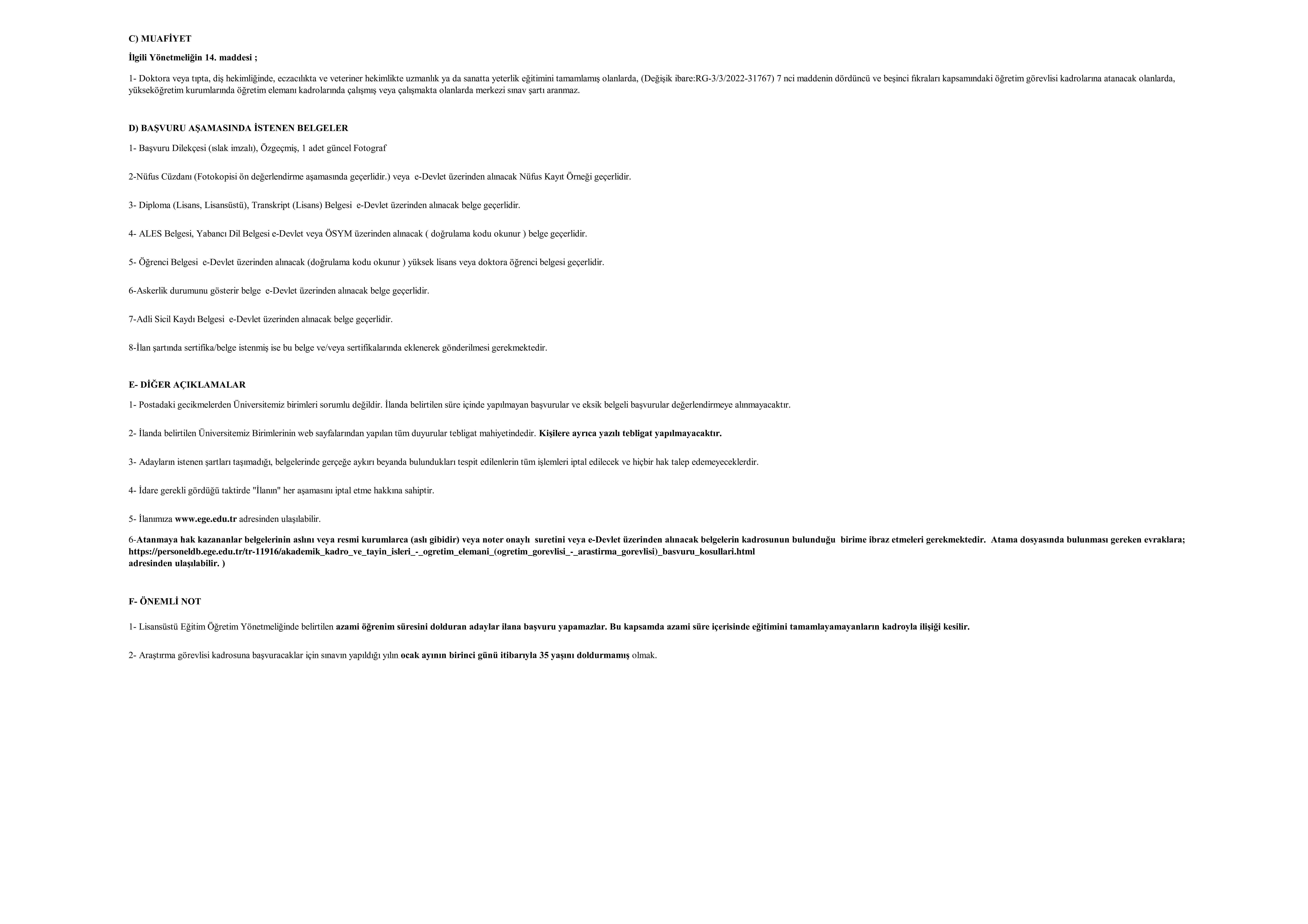 EGE ÜNİVERSİTESİ 2  ARAŞTIRMA GÖREVLİSİ ALACAK ( 8 Aralık - 23 Aralık) İlan İçeriği Sayfa 2