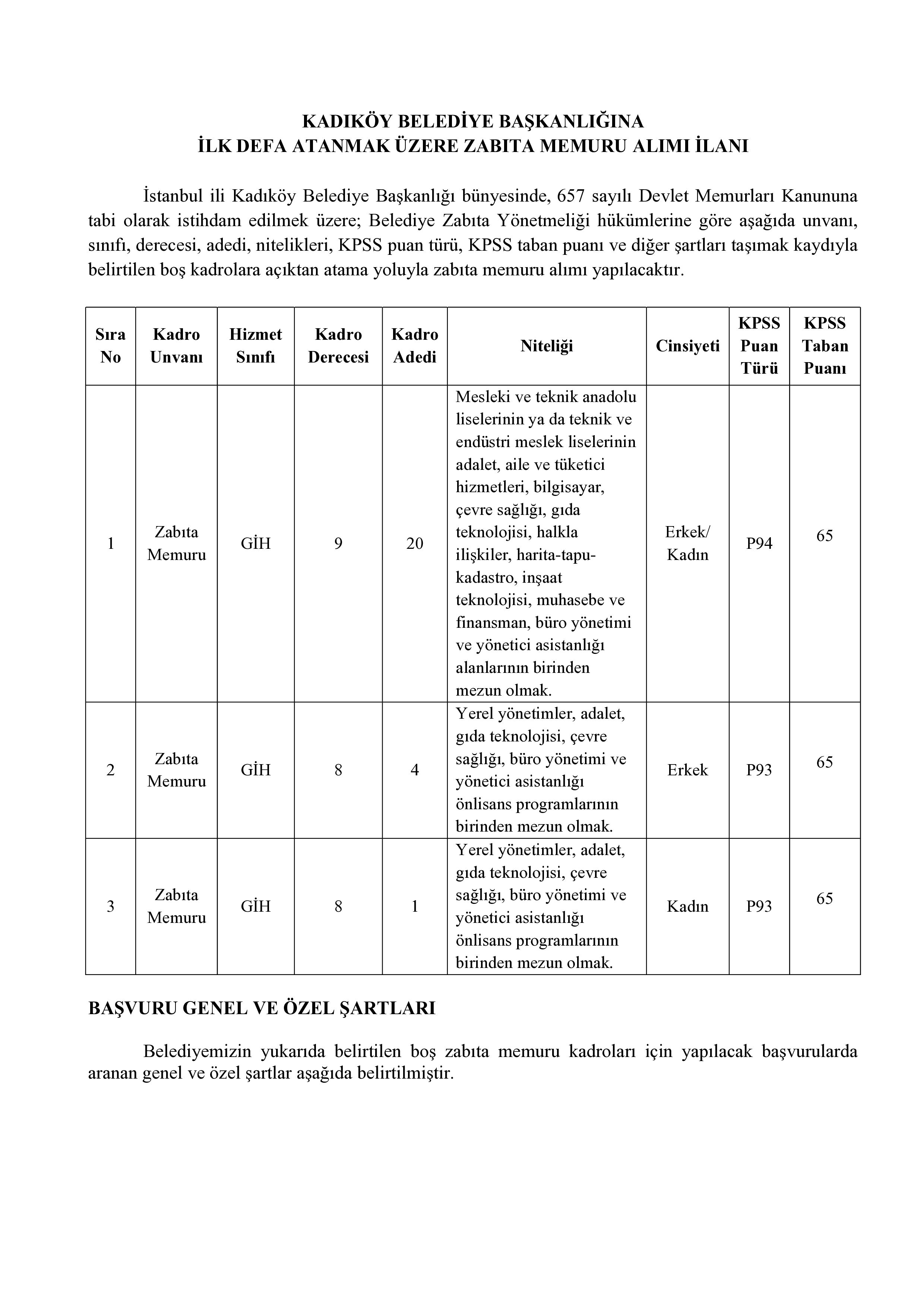 KADIKÖY (İSTANBUL) BELEDİYE BAŞKANLIĞI 25 MEMUR ALACAK ( 26 Ocak - 30 Ocak) İlan İçeriği Sayfa 1