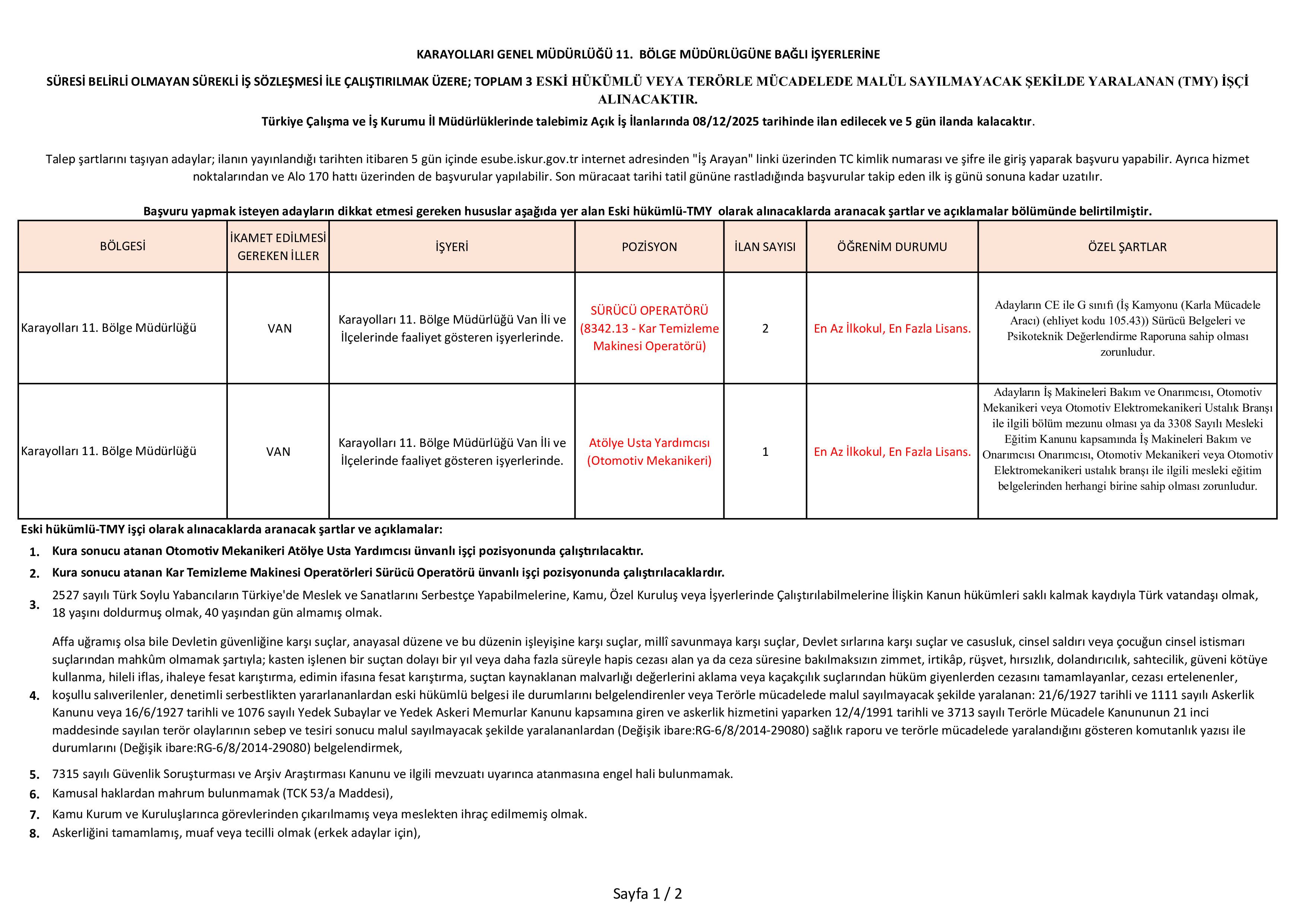 KARAYOLLARI GENEL MÜDÜRLÜĞÜ 3 ESKİ HüKüMLÜ İŞÇİ ALACAK ( 8 Aralık - 12 Aralık) İlan İçeriği Sayfa 1