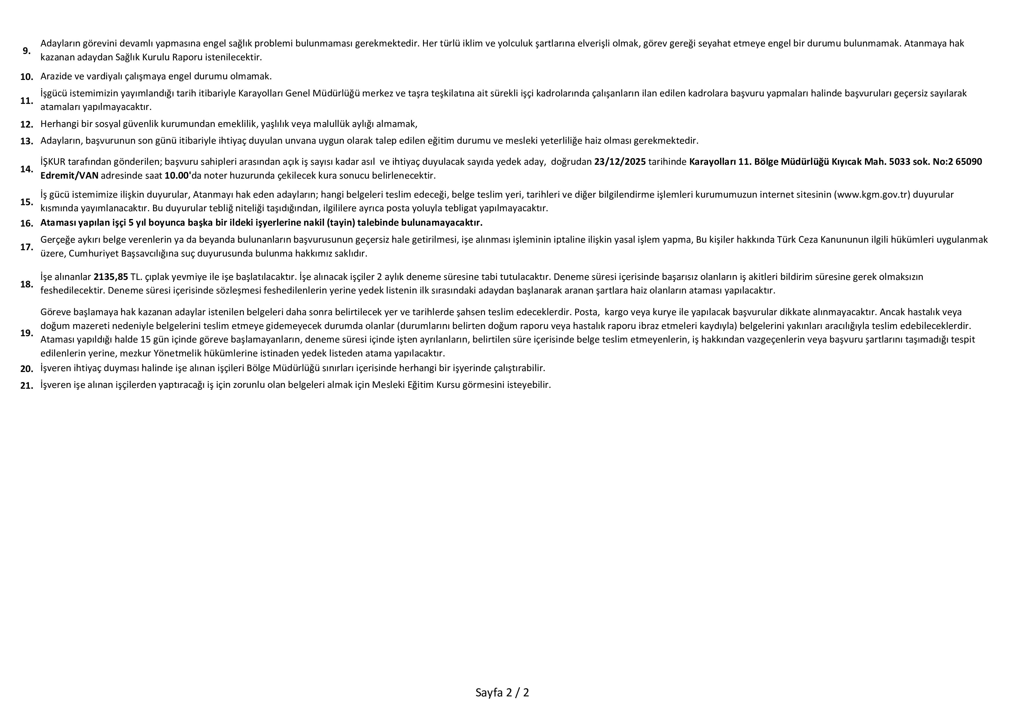 KARAYOLLARI GENEL MÜDÜRLÜĞÜ 3 ESKİ HüKüMLÜ İŞÇİ ALACAK ( 8 Aralık - 12 Aralık) İlan İçeriği Sayfa 2