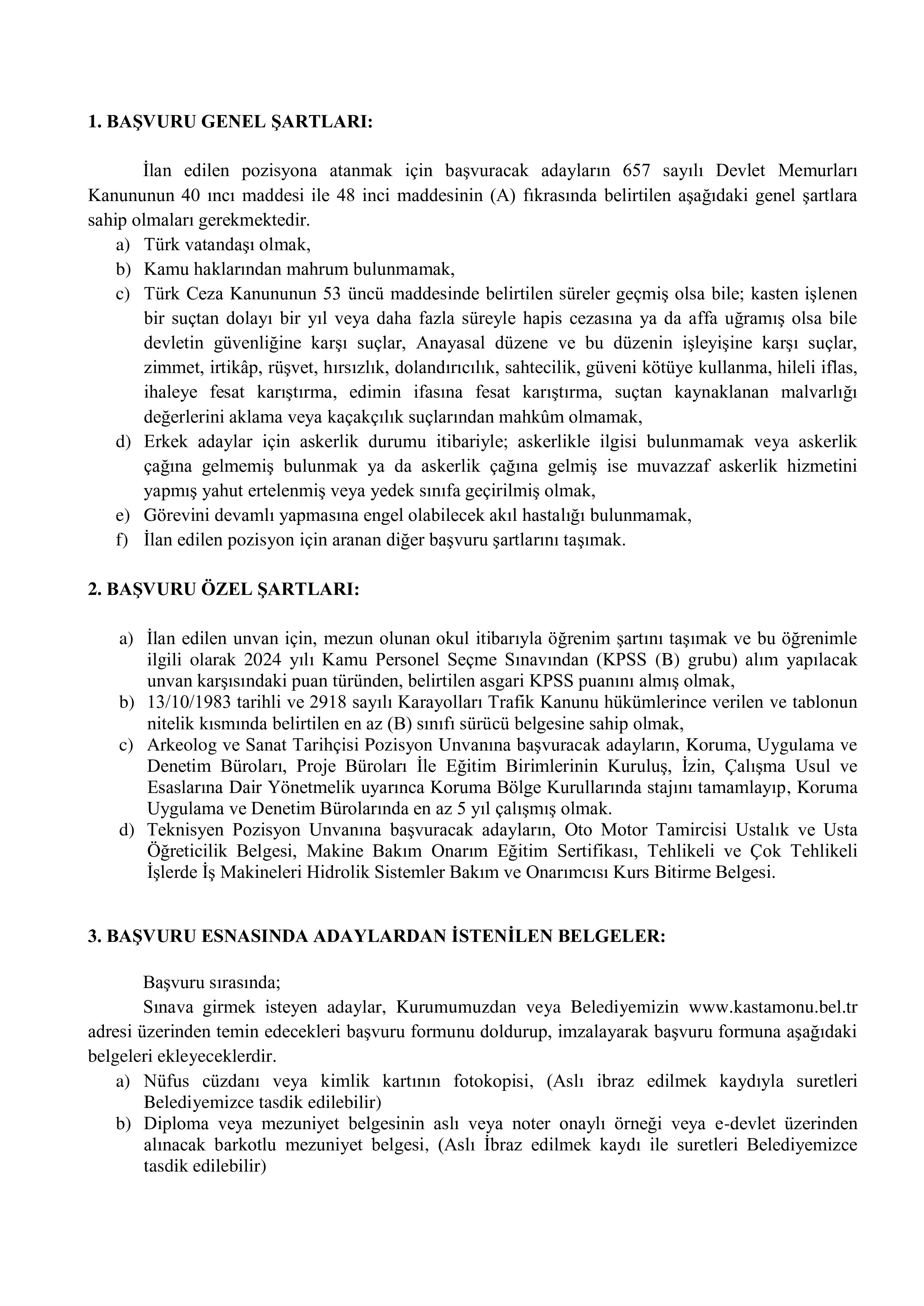 KASTAMONU BELEDİYE BAŞKANLIĞI 3 SÖZLEŞMELİ PERSONEL ALACAK ( 8 Ocak - 12 Ocak) İlan İçeriği Sayfa 2