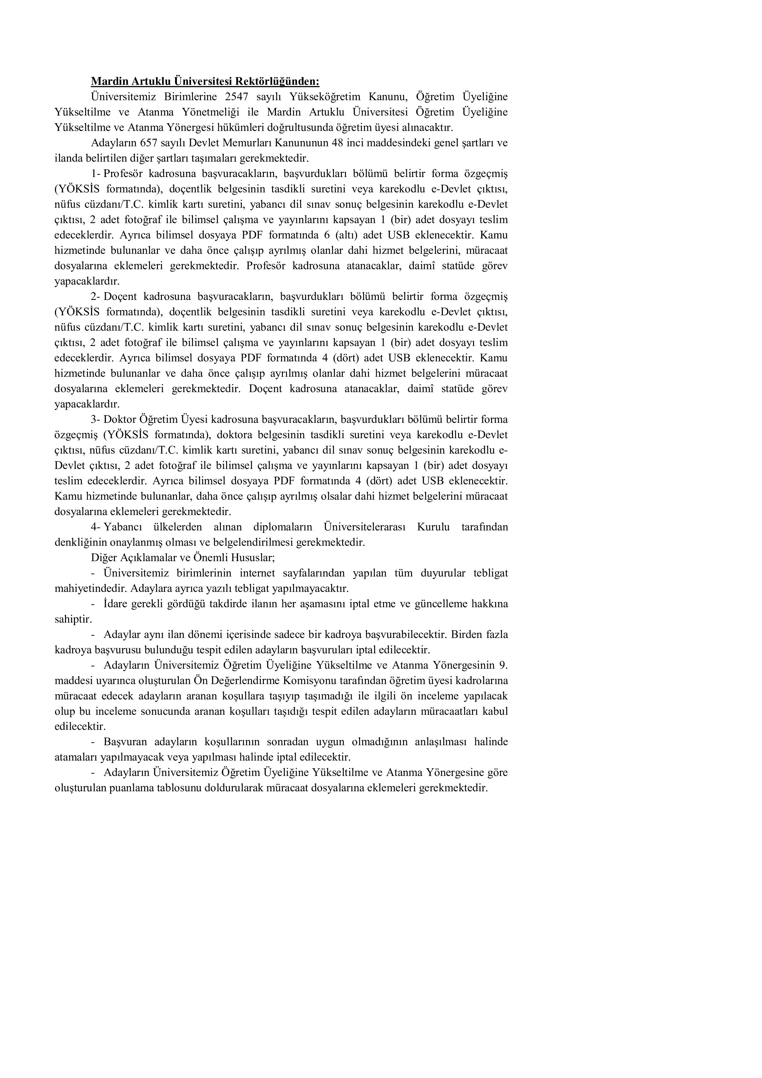 MARDİN ARTUKLU ÜNİVERSİTESİ 9 ÖĞRETİM ÜYESİ ALACAK ( 8 Aralık - 22 Aralık) İlan İçeriği Sayfa 1