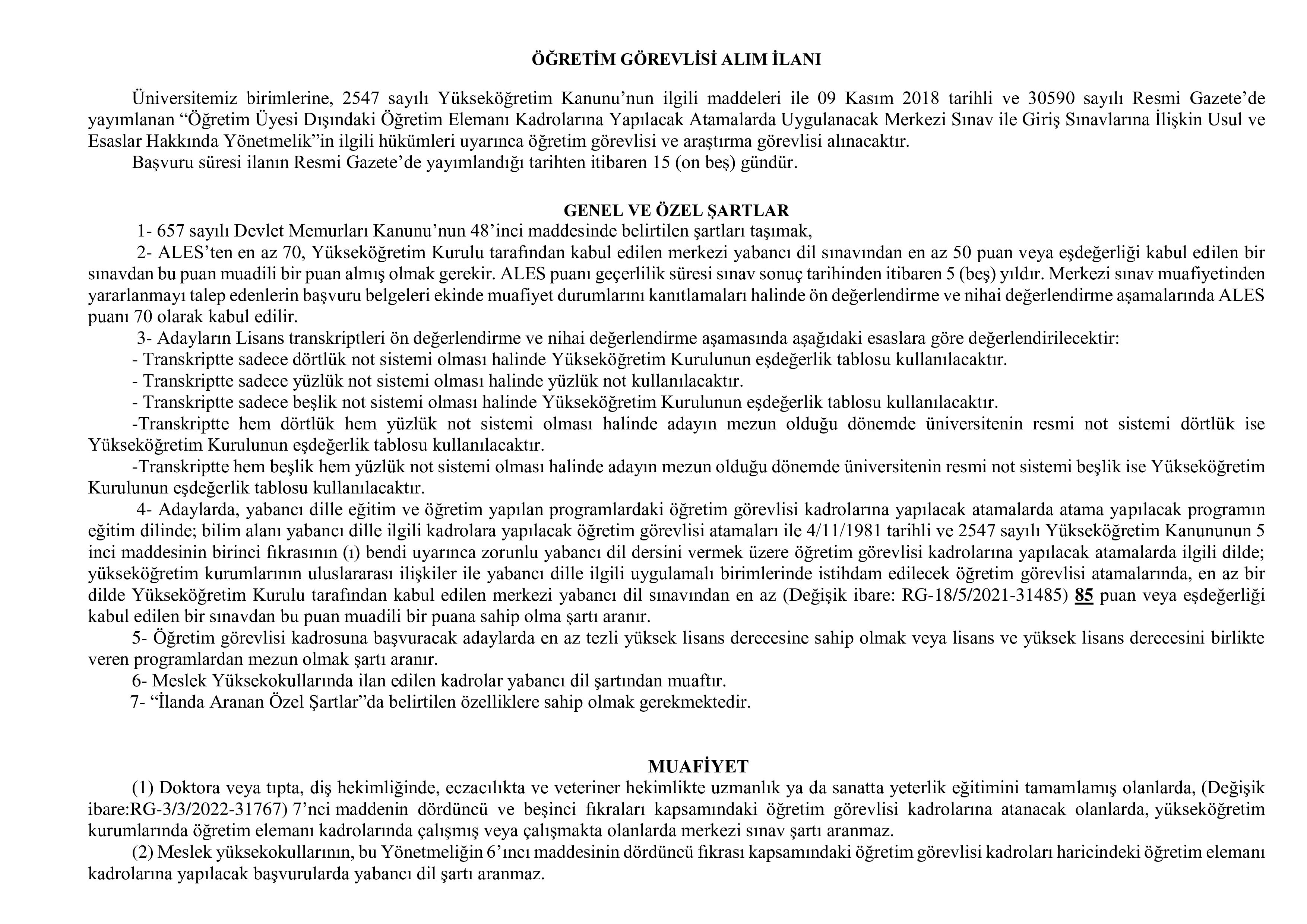 MUŞ ALPARSLAN ÜNİVERSİTESİ 17 ÖĞRETİM ELEMANI ALACAK ( 8 Aralık - 22 Aralık) İlan İçeriği Sayfa 4