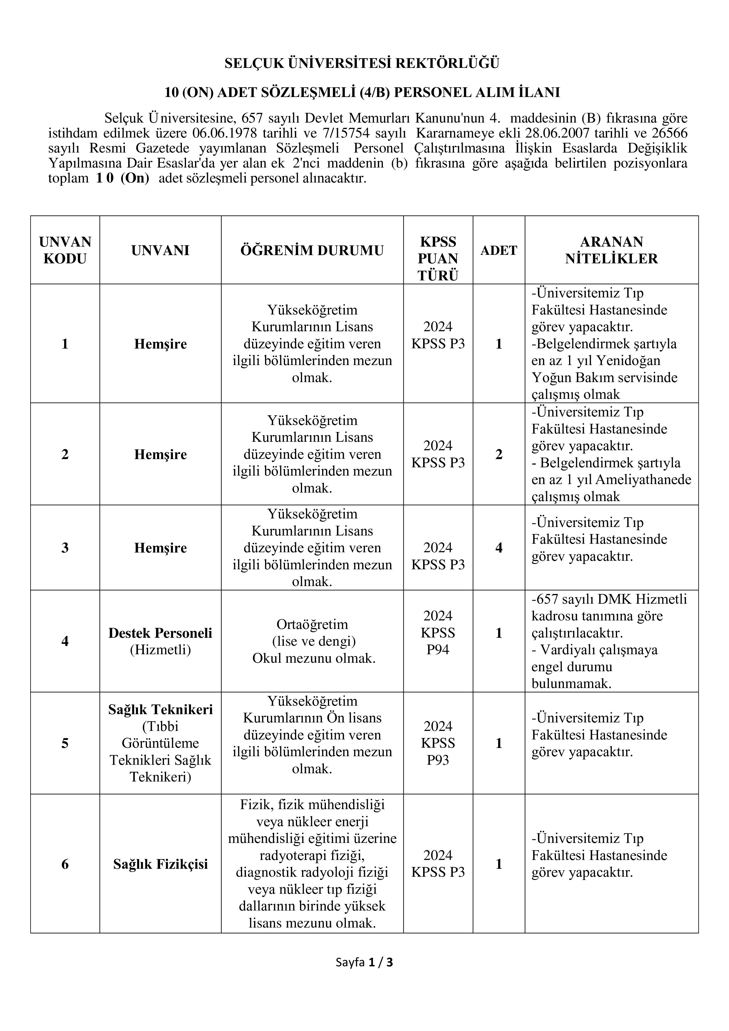 SELÇUK ÜNİVERSİTESİ 10 SÖZLEŞMELİ PERSONEL ALACAK ( 8 Aralık - 22 Aralık) İlan İçeriği Sayfa 1