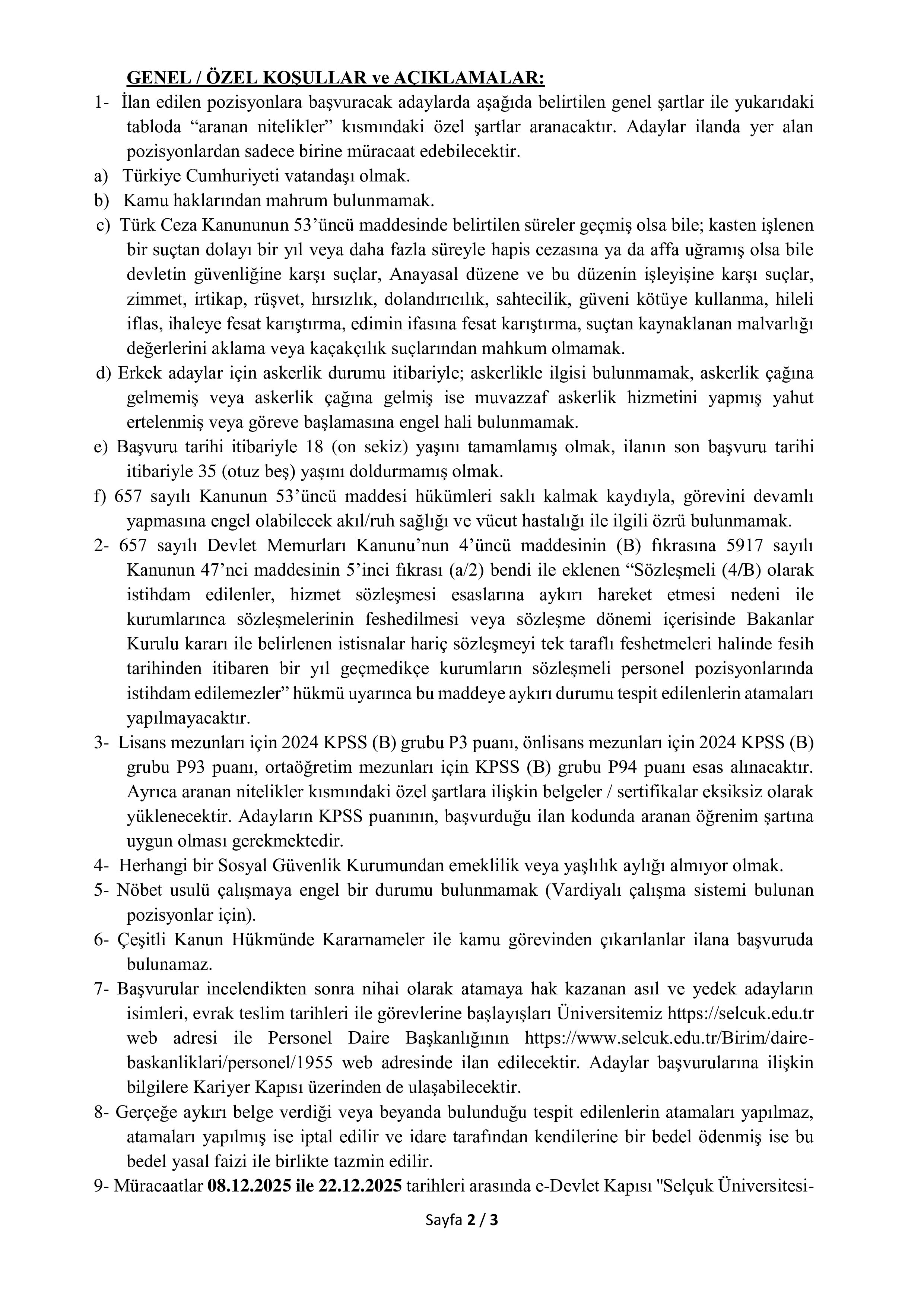 SELÇUK ÜNİVERSİTESİ 10 SÖZLEŞMELİ PERSONEL ALACAK ( 8 Aralık - 22 Aralık) İlan İçeriği Sayfa 2