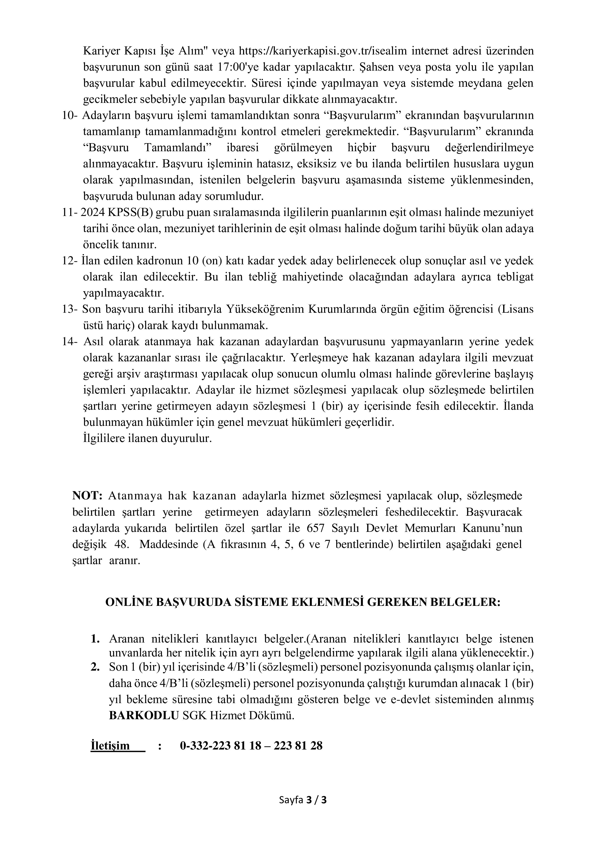 SELÇUK ÜNİVERSİTESİ 10 SÖZLEŞMELİ PERSONEL ALACAK ( 8 Aralık - 22 Aralık) İlan İçeriği Sayfa 3