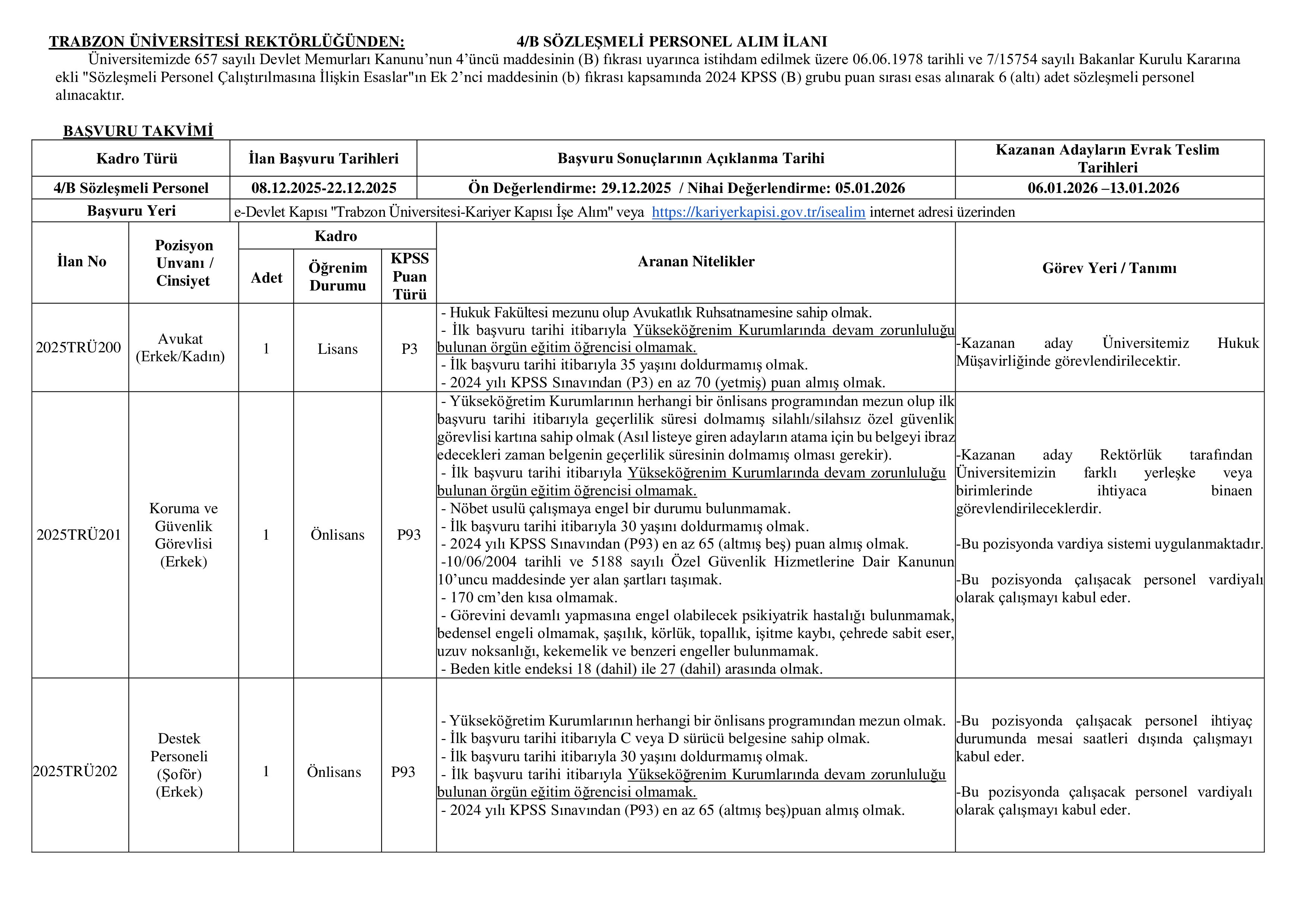 TRABZON ÜNİVERSİTESİ 6 SÖZLEŞMELİ PERSONEL ALACAK ( 8 Aralık - 22 Aralık) İlan İçeriği Sayfa 1
