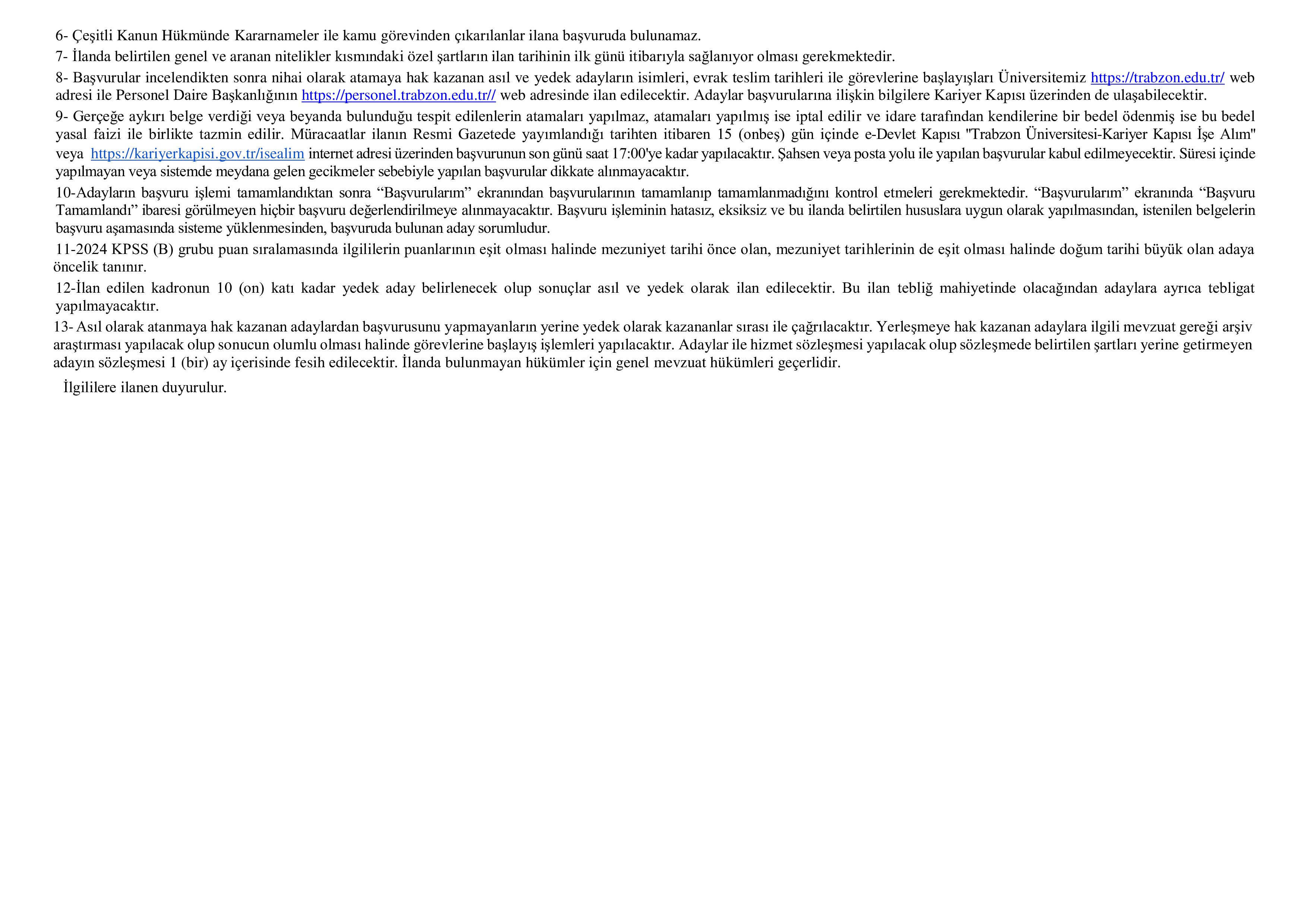 TRABZON ÜNİVERSİTESİ 6 SÖZLEŞMELİ PERSONEL ALACAK ( 8 Aralık - 22 Aralık) İlan İçeriği Sayfa 3