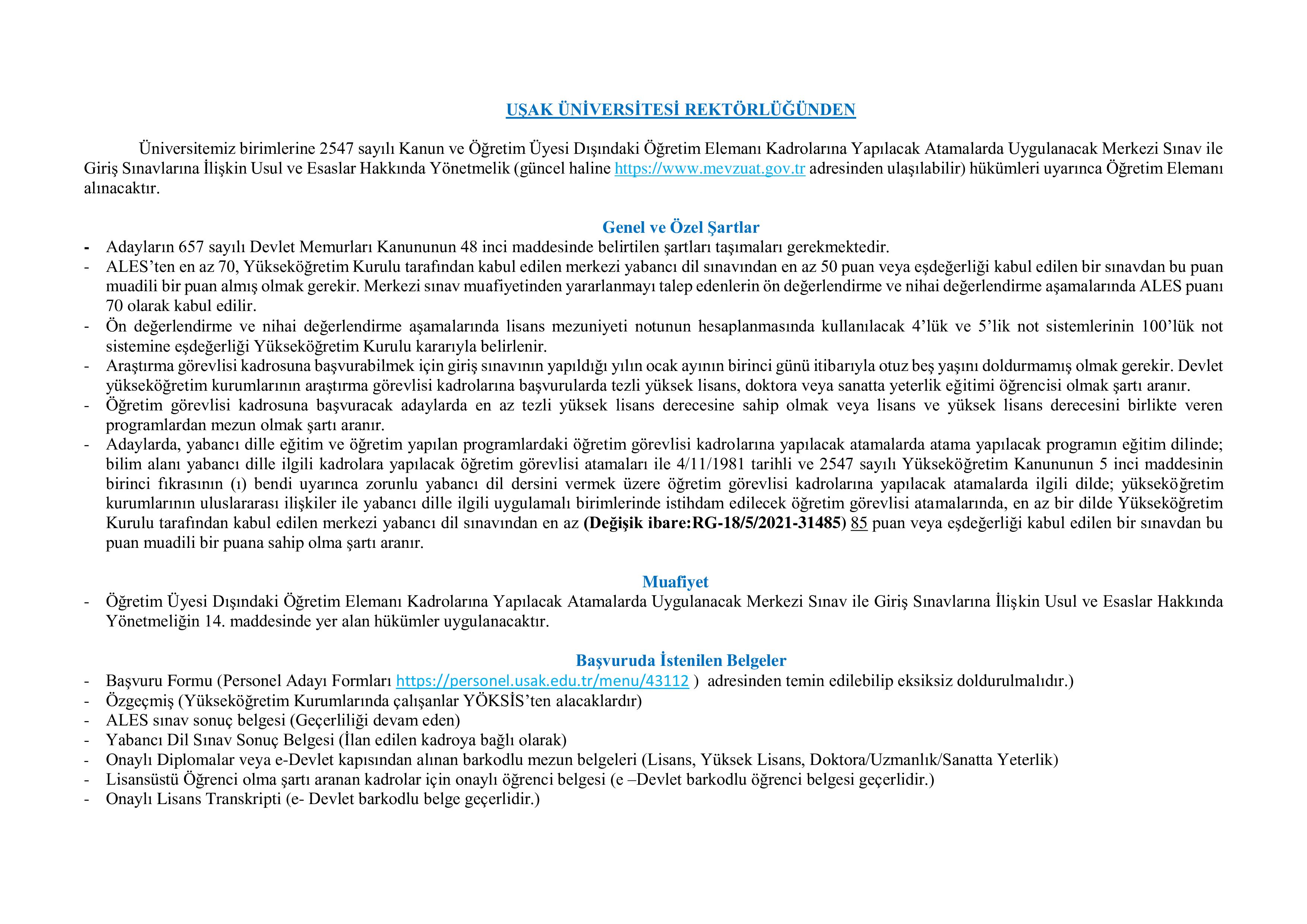 İlan İçeriği Sayfa 1 UŞAK ÜNİVERSİTESİ 15 SÖZLEŞMELİ PERSONEL ALACAK ( 8 Haziran - 22 Haziran) İlan İçeriği Sayfa 1