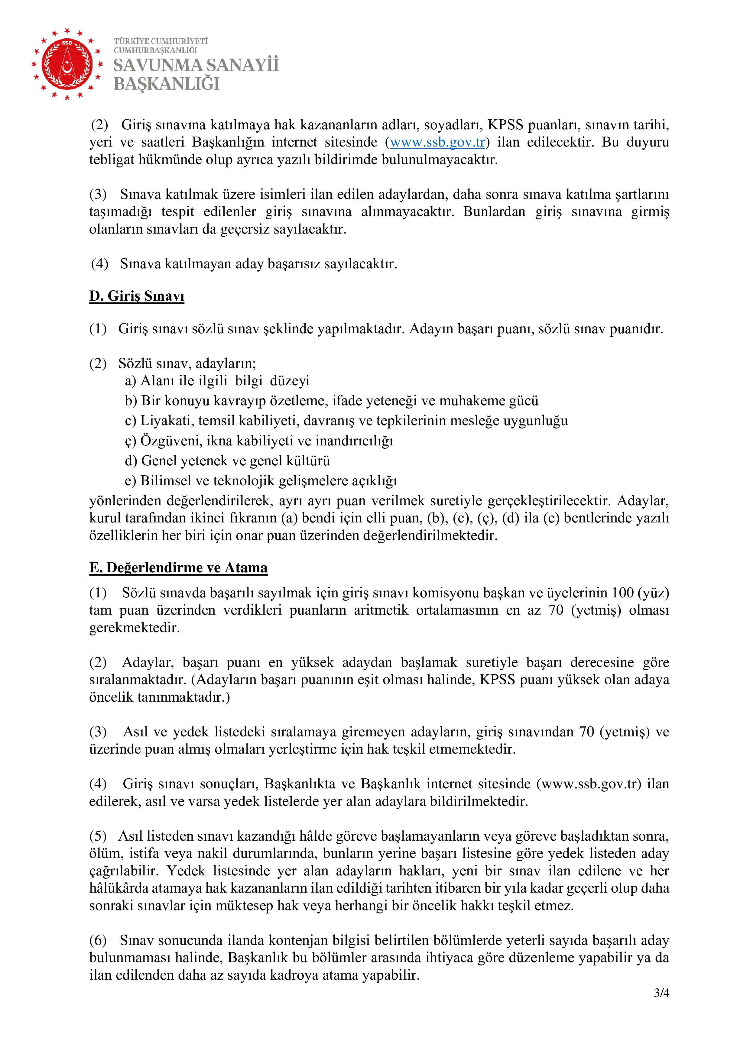 SAVUNMA SANAYİİ BAŞKANLIĞI 65 SAVUNMA SANAYİİ UZMAN YARDIMCISI ALACAK ( 11 Kasım - 25 Kasım) İlan İçeriği Sayfa 3