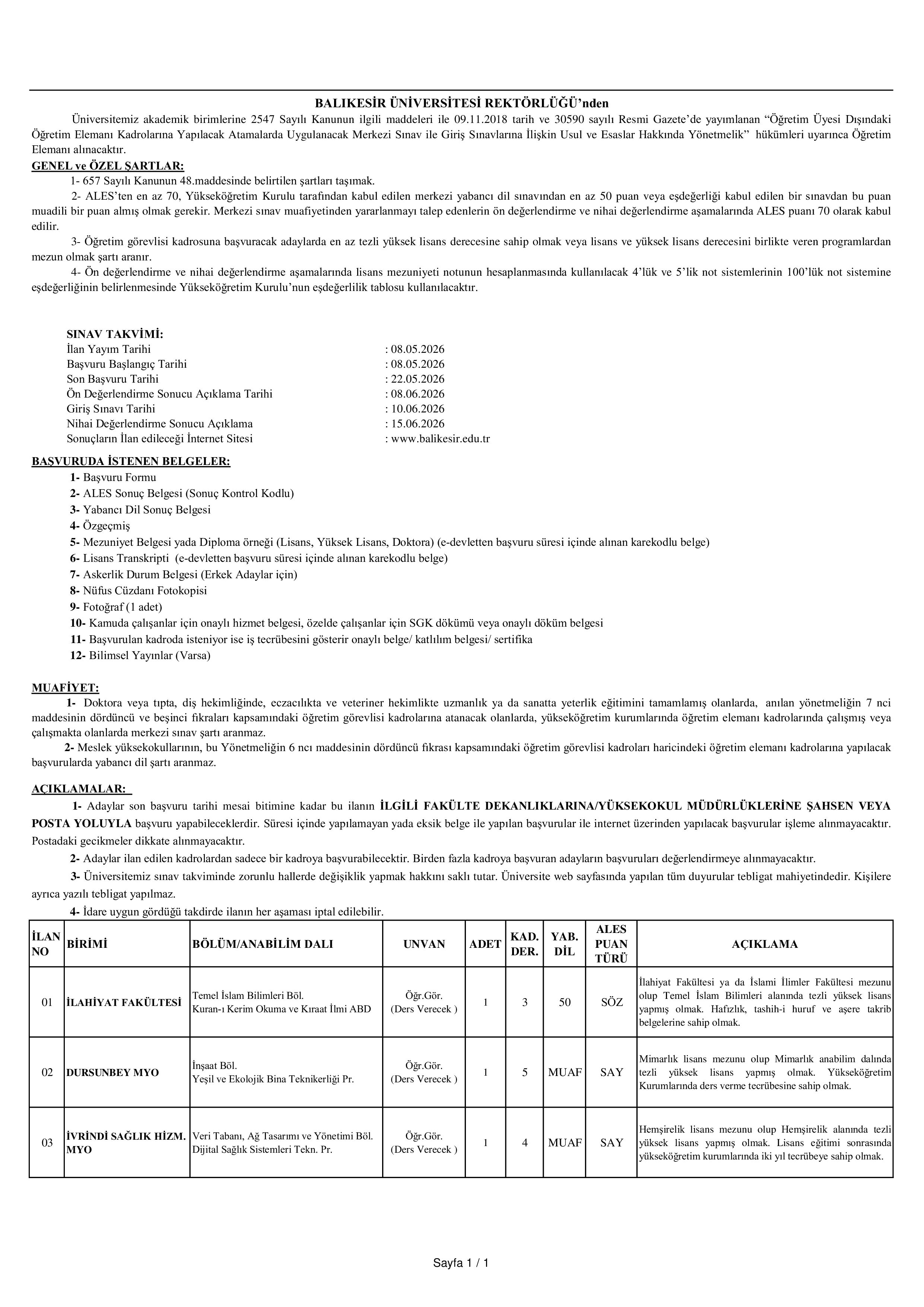 BALIKESİR ÜNİVERSİTESİ 3 ÖĞRETİM ELEMANI ALACAK ( 8 Mayıs - 22 Mayıs) İlan İçeriği Sayfa 1