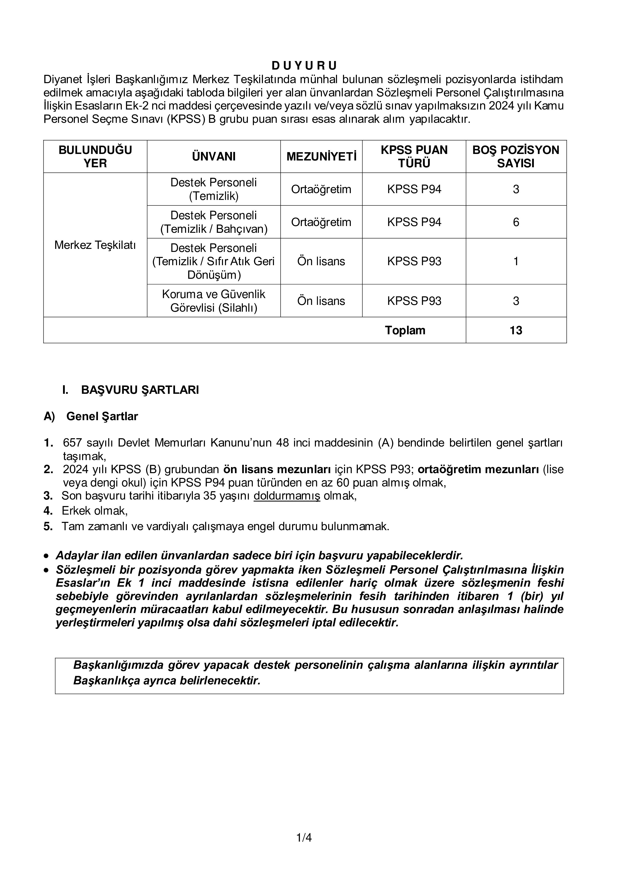 DİYANET İŞLERİ BAŞKANLIĞI 13 SÖZLEŞMELİ PERSONEL ALACAK ( 11 Mayıs - 22 Mayıs) İlan İçeriği Sayfa 1
