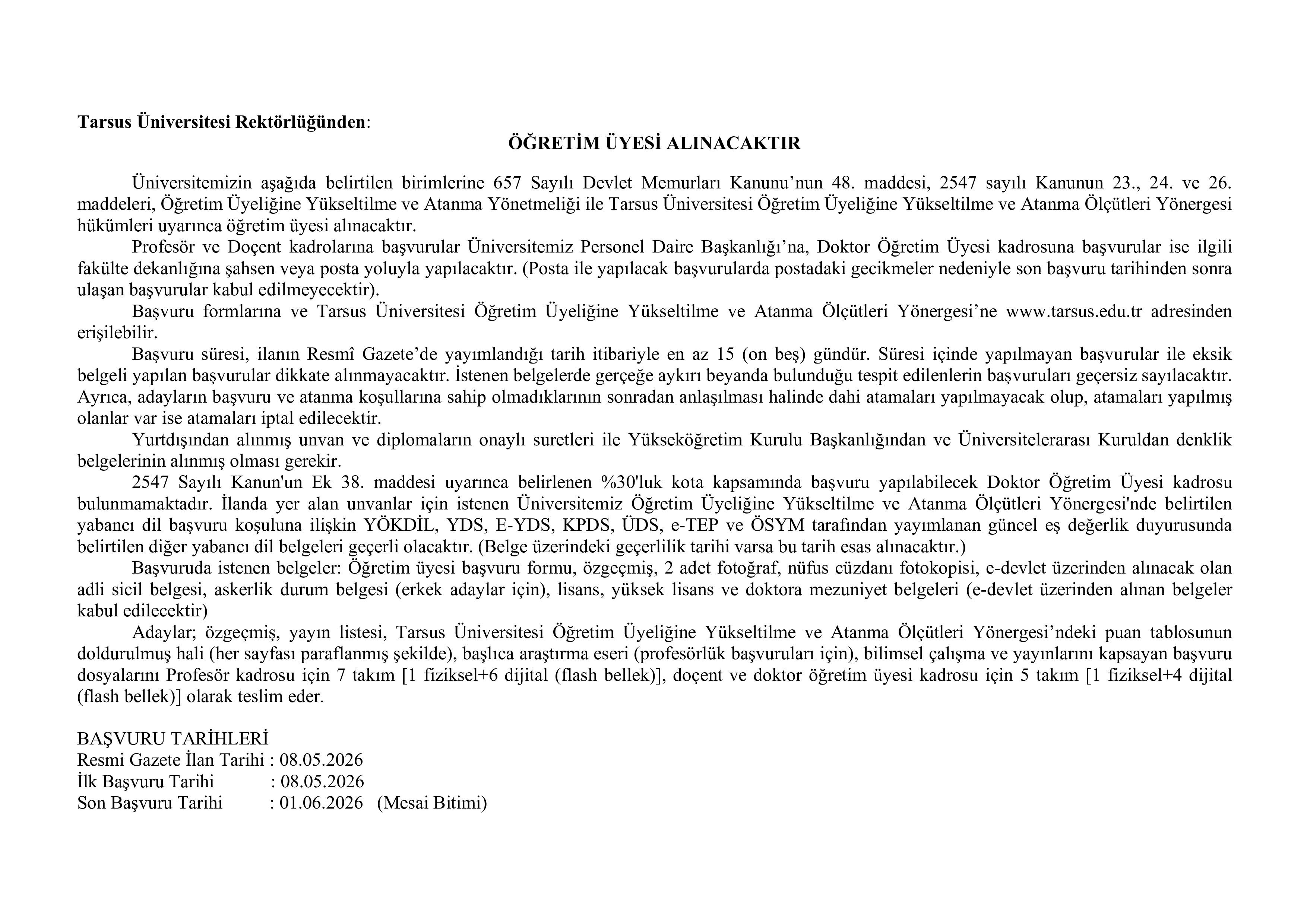 TARSUS ÜNİVERSİTESİ 7 ÖĞRETİM ÜYESİ ALACAK ( 8 Mayıs - 1 Haziran) İlan İçeriği Sayfa 1