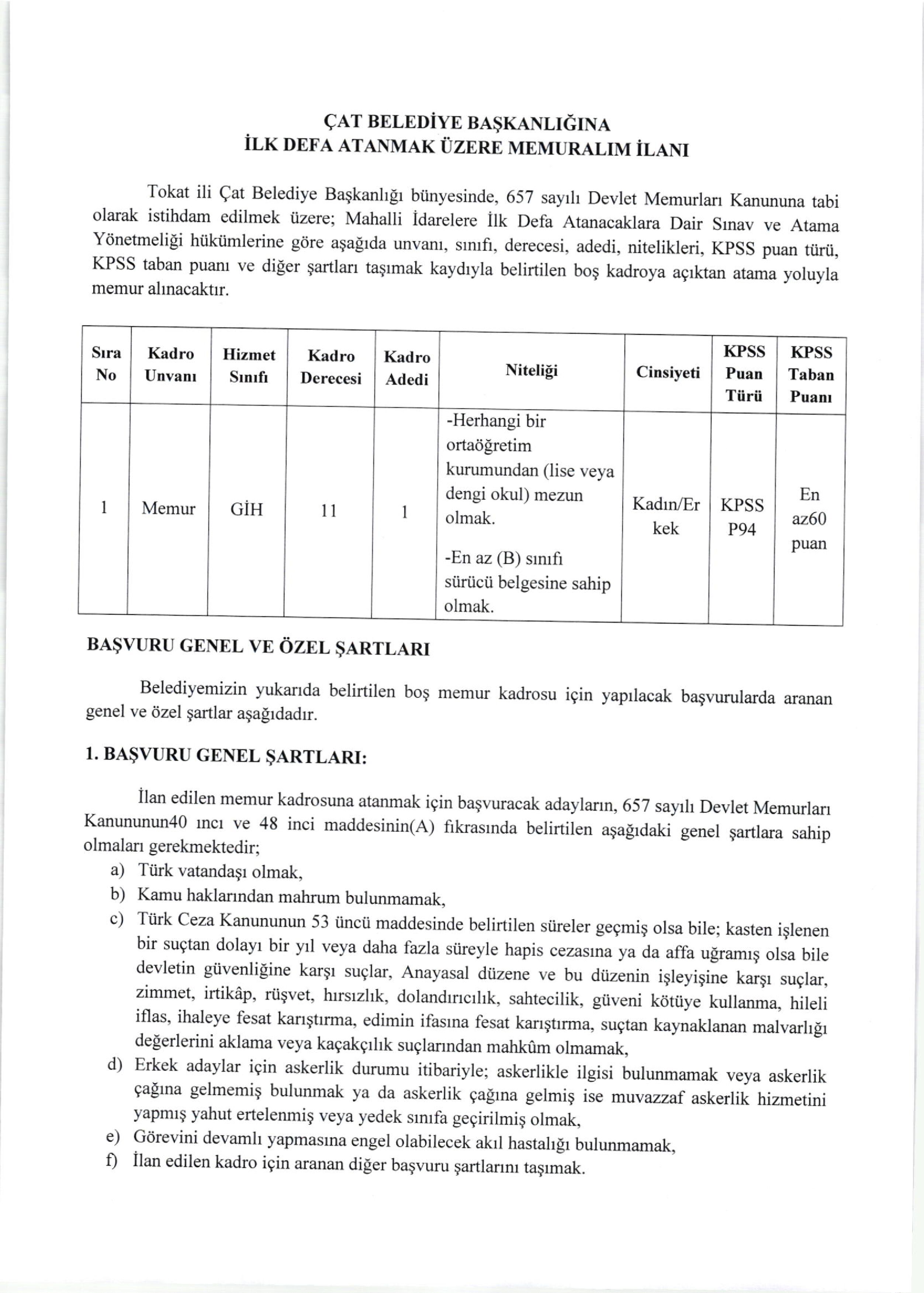 ÇAT (TOKAT) BELEDİYE BAŞKANLIĞI 1 MEMUR ALACAK ( 13 Mayıs - 15 Mayıs) İlan İçeriği Sayfa 1