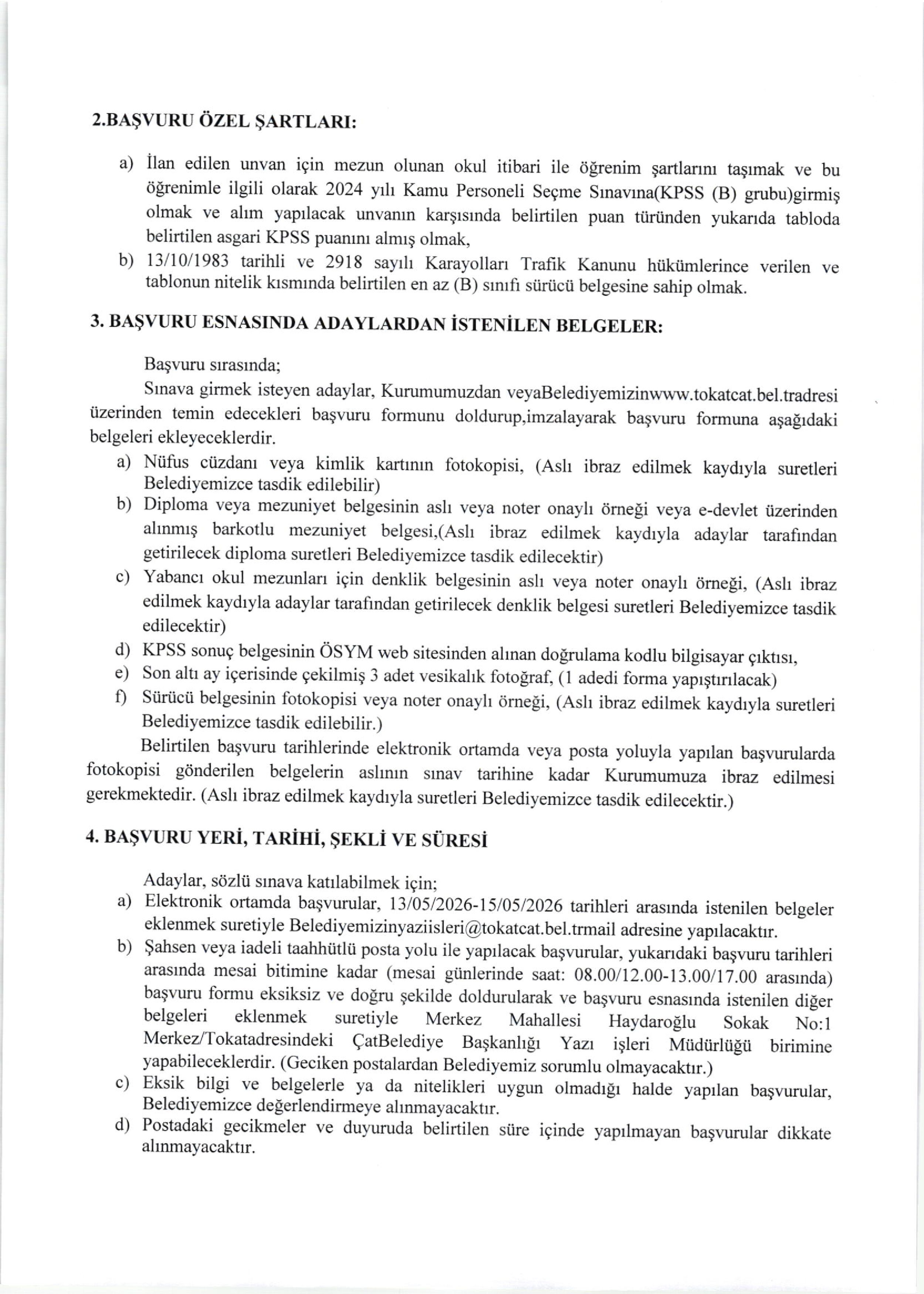 ÇAT (TOKAT) BELEDİYE BAŞKANLIĞI 1 MEMUR ALACAK ( 13 Mayıs - 15 Mayıs) İlan İçeriği Sayfa 2