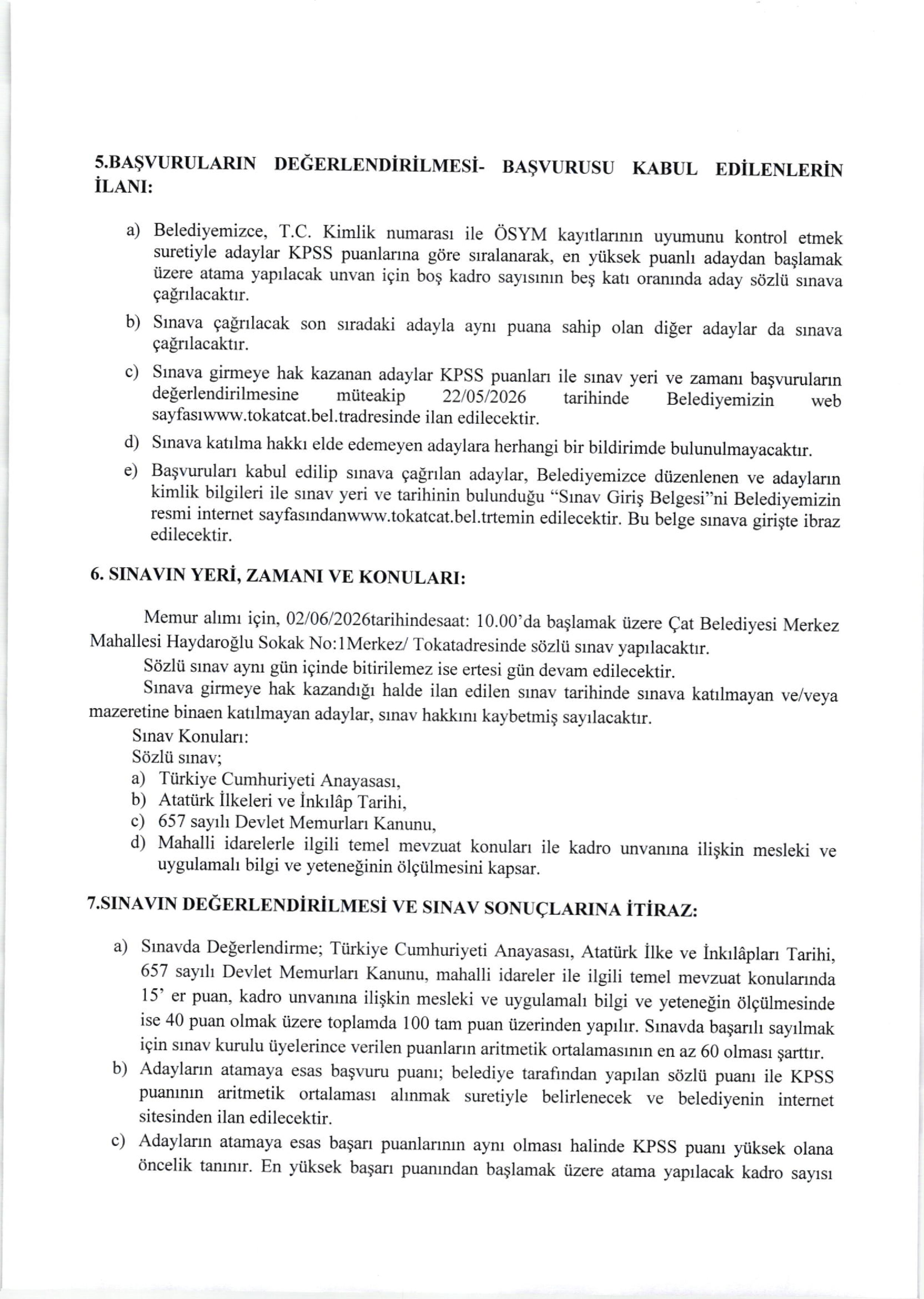ÇAT (TOKAT) BELEDİYE BAŞKANLIĞI 1 MEMUR ALACAK ( 13 Mayıs - 15 Mayıs) İlan İçeriği Sayfa 3