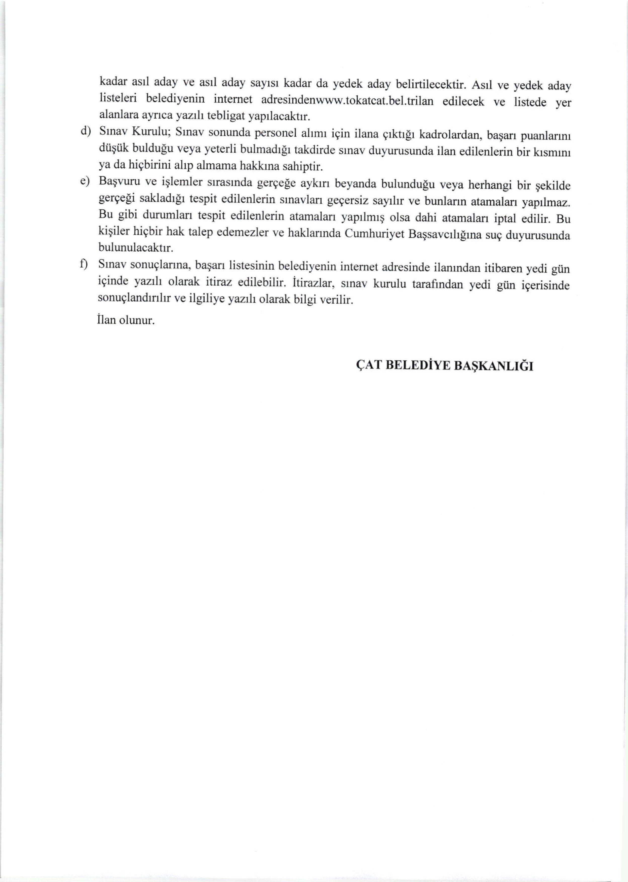 ÇAT (TOKAT) BELEDİYE BAŞKANLIĞI 1 MEMUR ALACAK ( 13 Mayıs - 15 Mayıs) İlan İçeriği Sayfa 4