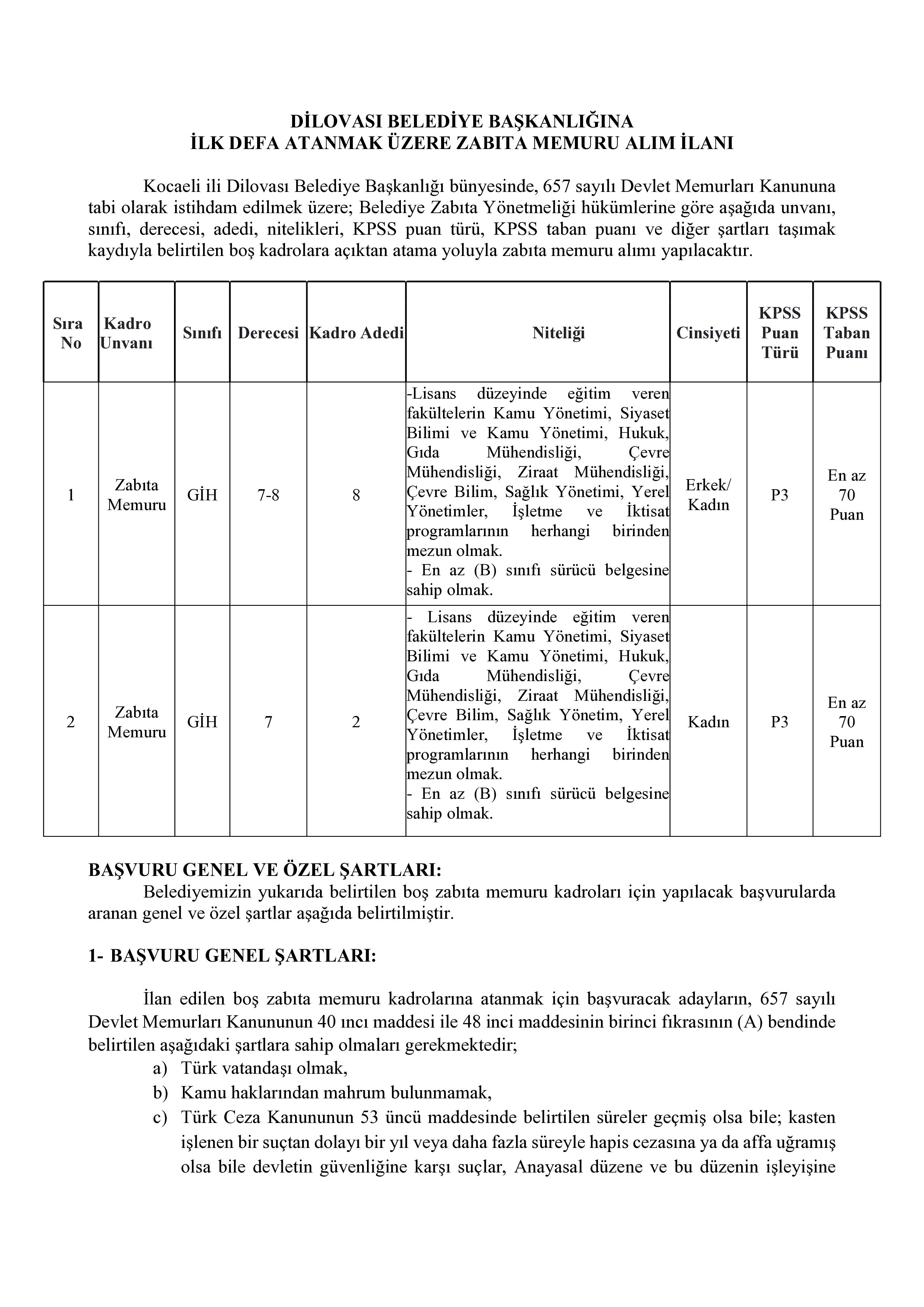 DİLOVASI BELEDİYE BAŞKANLIĞI 10 MEMUR ALACAK ( 20 Mayıs - 22 Mayıs) İlan İçeriği Sayfa 1