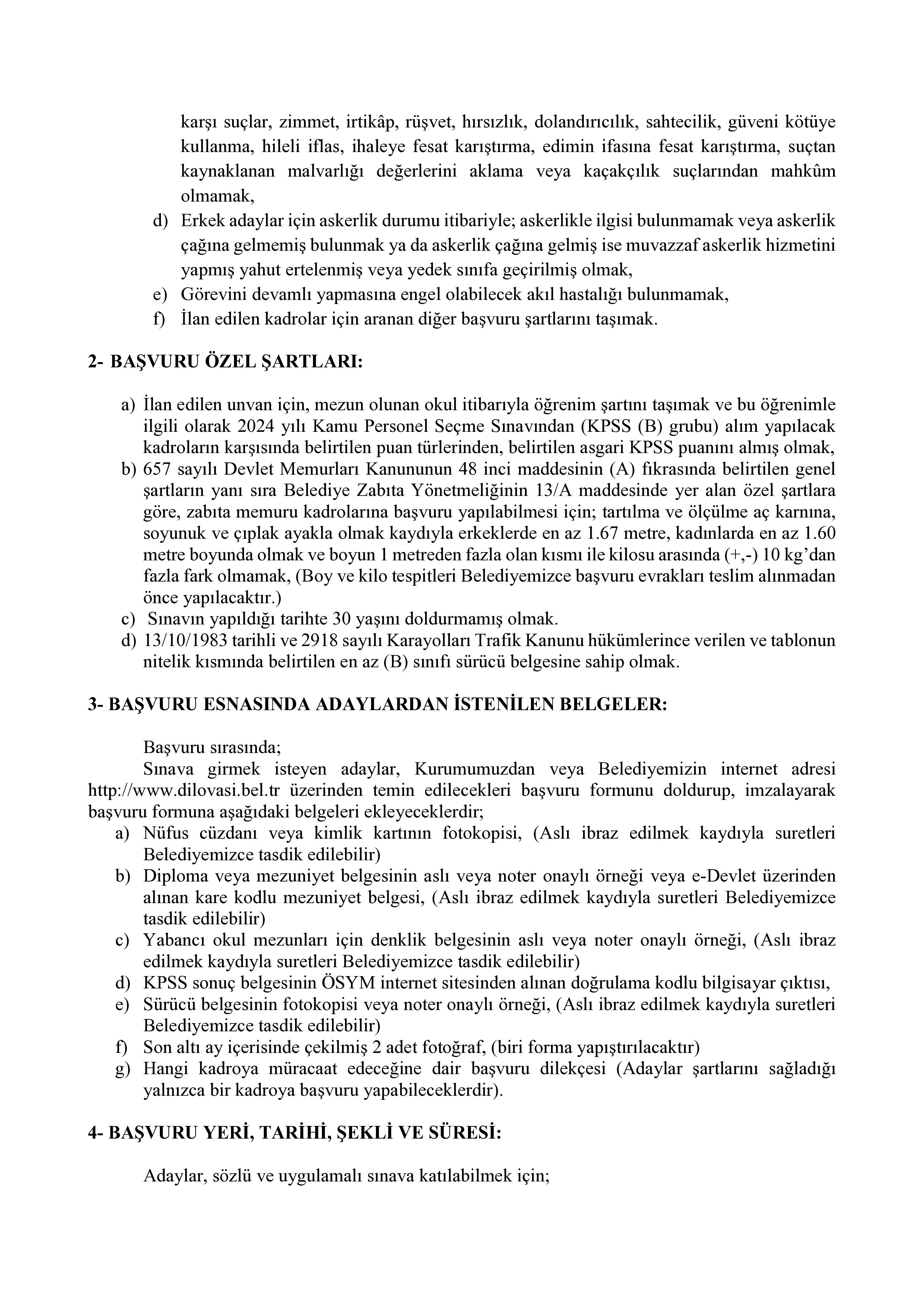 DİLOVASI BELEDİYE BAŞKANLIĞI 10 MEMUR ALACAK ( 20 Mayıs - 22 Mayıs) İlan İçeriği Sayfa 2