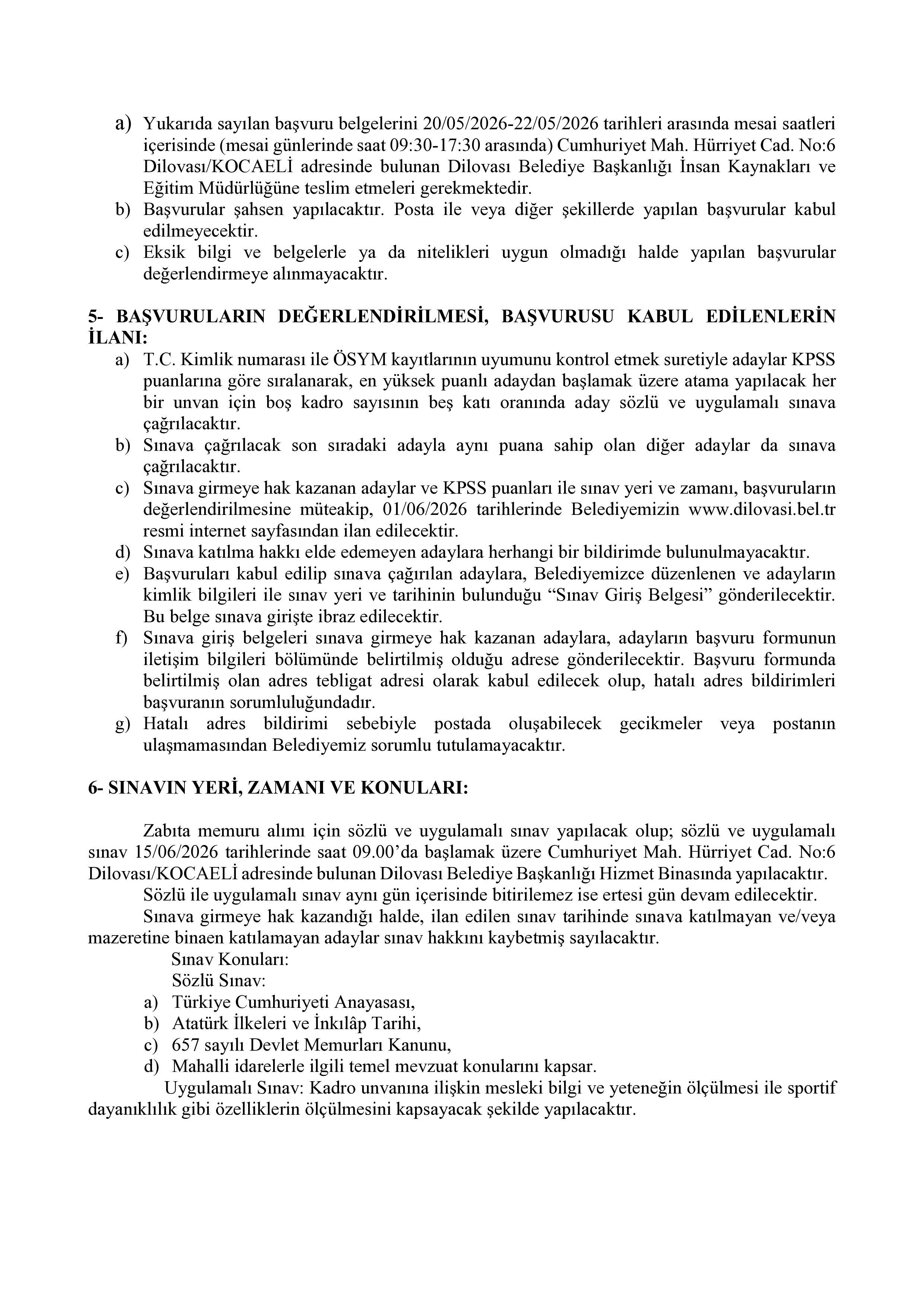DİLOVASI BELEDİYE BAŞKANLIĞI 10 MEMUR ALACAK ( 20 Mayıs - 22 Mayıs) İlan İçeriği Sayfa 3
