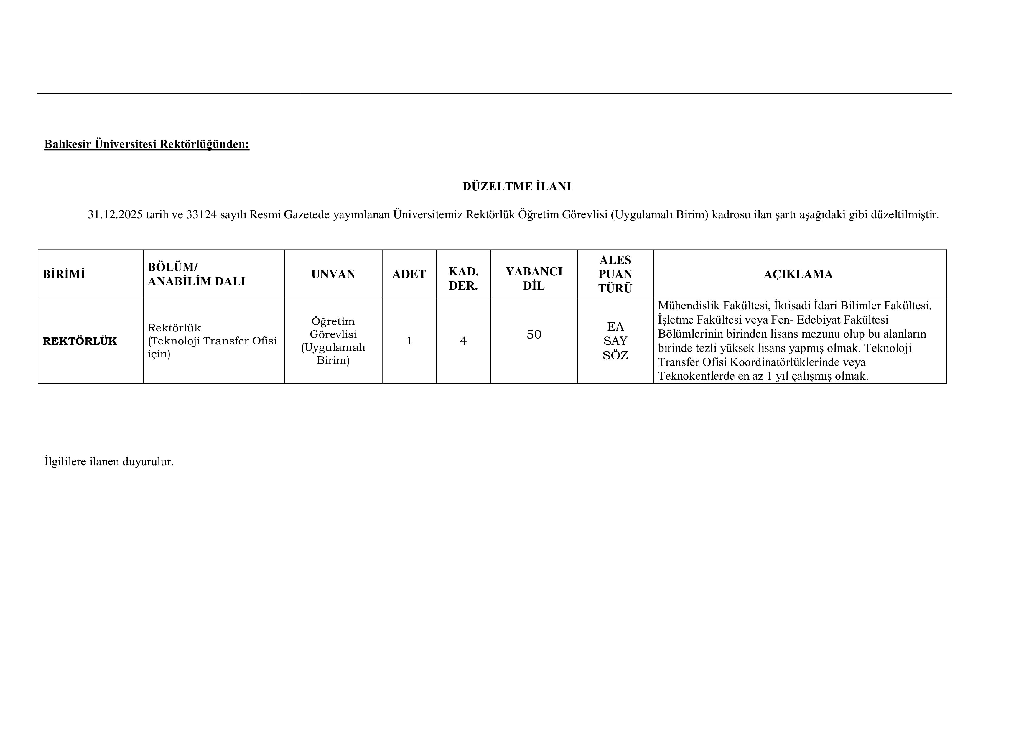 BALIKESİR ÜNİVERSİTESİ 1 ÖĞRETİM ELEMANI DÜZELTME İLANI ( 8 Ocak - 14 Ocak) İlan İçeriği Sayfa 1