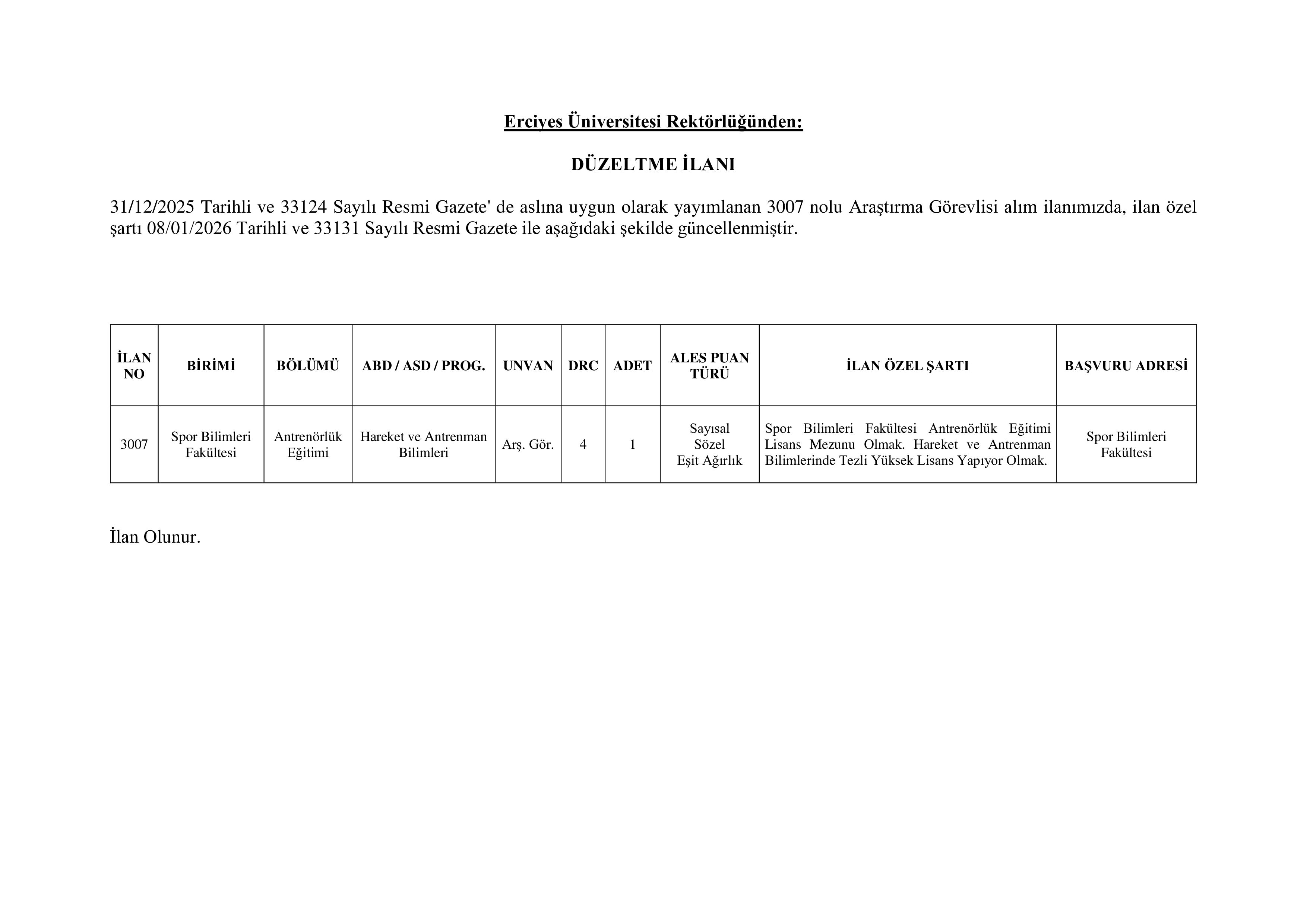 ERCİYES ÜNİVERSİTESİ DÜZELTME İLANI ( 8 Ocak - 15 Ocak) İlan İçeriği Sayfa 1