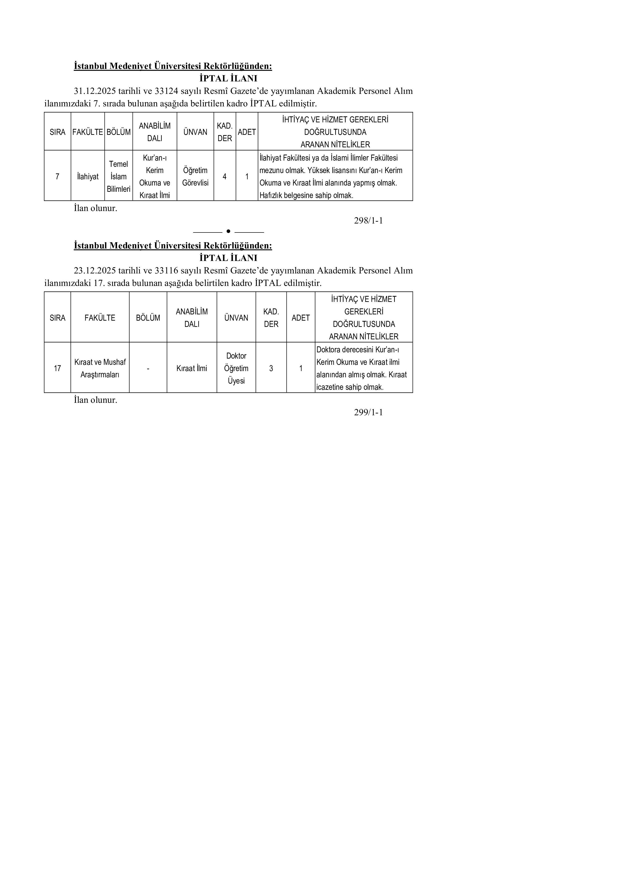 İSTANBUL MEDENİYET ÜNİVERSİTESİ İPTAL İLANI ( 8 Ocak - 8 Ocak) İlan İçeriği Sayfa 1