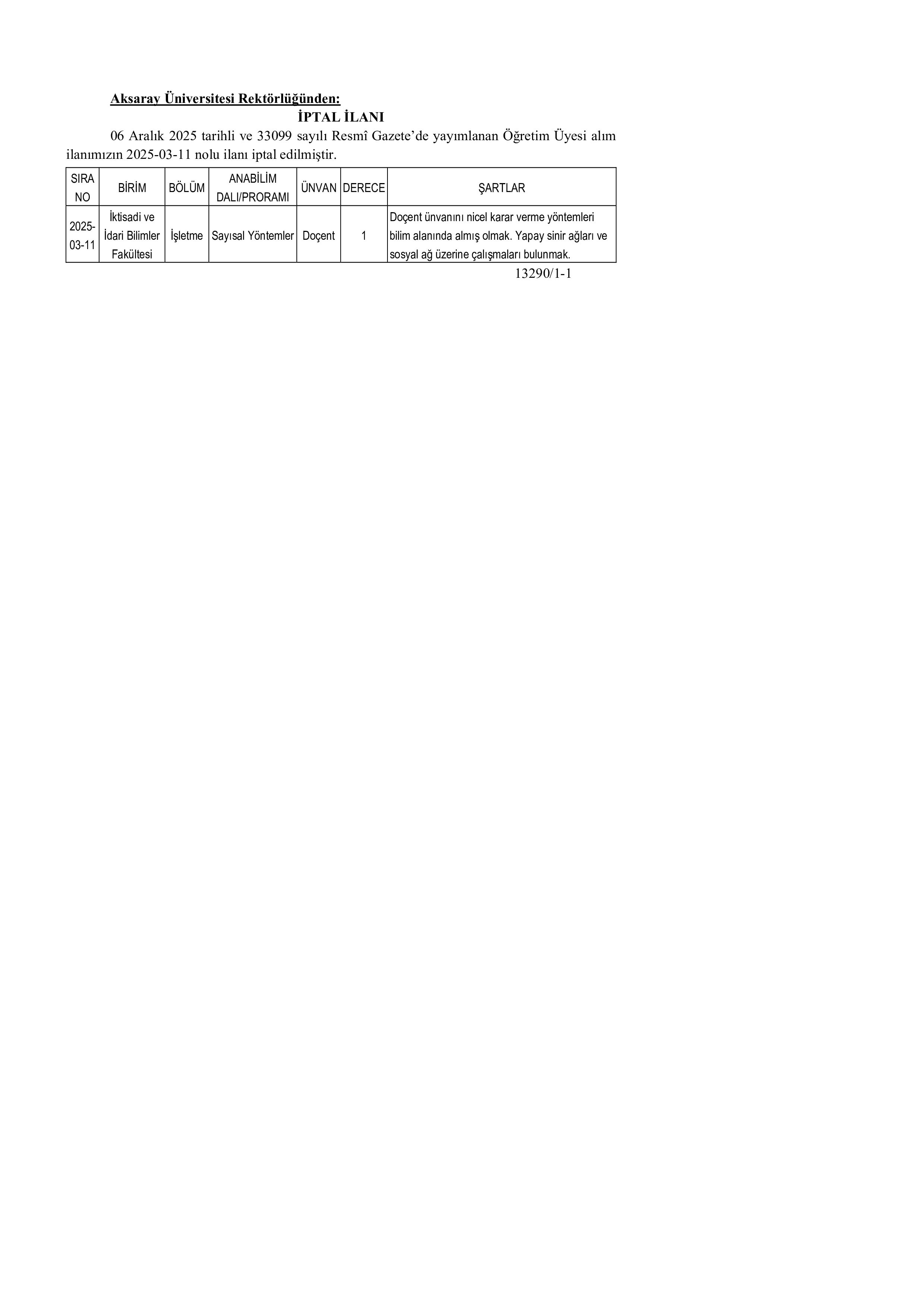 İlan İçeriği Sayfa 1 AKSARAY ÜNİVERSİTESİ ÖĞRETİM ÜYESİ İLANI İPTALİ ( 9 Aralık - 18 Aralık) İlan İçeriği Sayfa 1