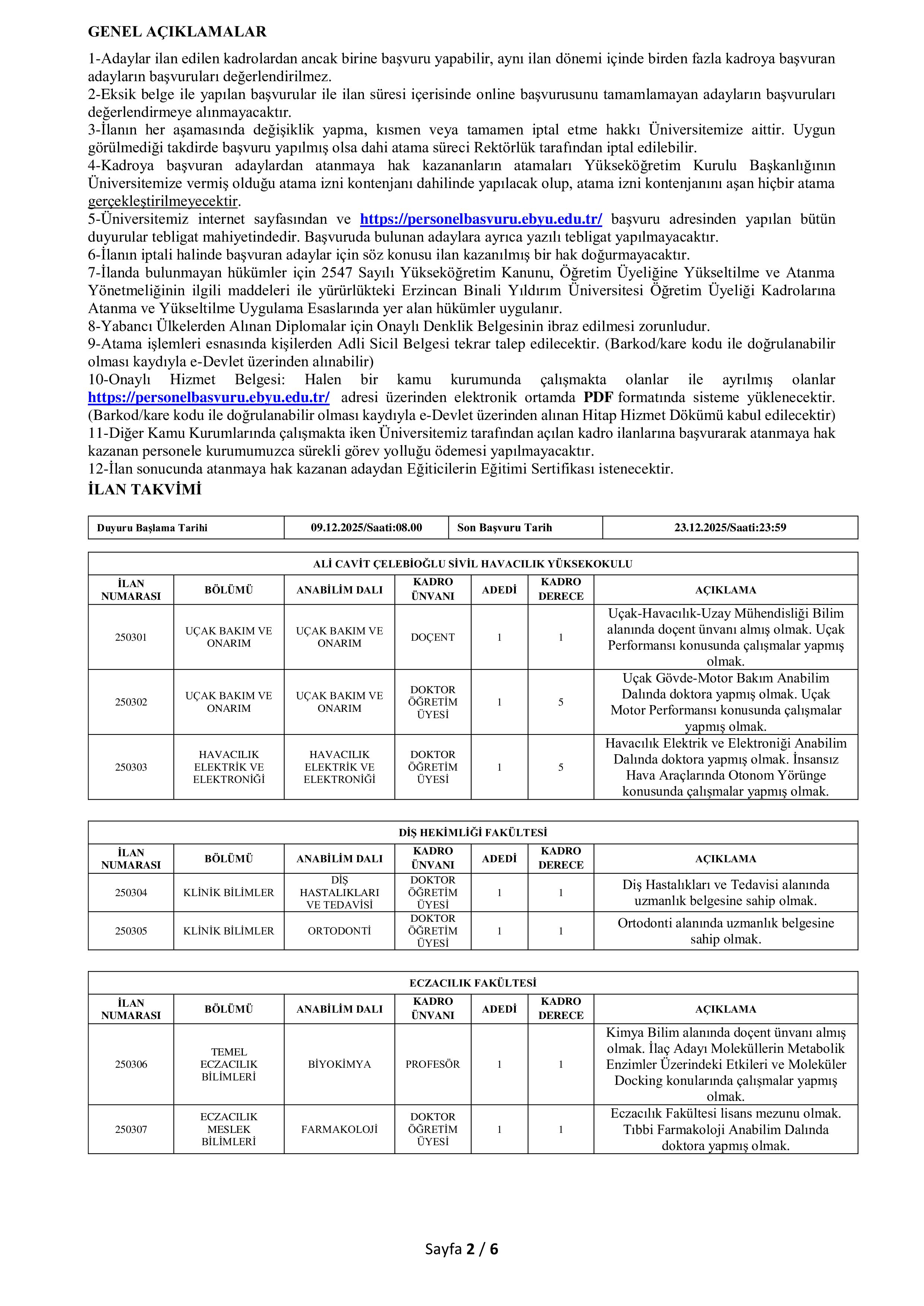 İlan İçeriği Sayfa 2 ERZİNCAN BİNALİ YILDIRIM ÜNİVERSİTESİ 45 ÖĞRETİM ÜYESİ ALACAK ( 9 Aralık - 23 Aralık) İlan İçeriği Sayfa 2