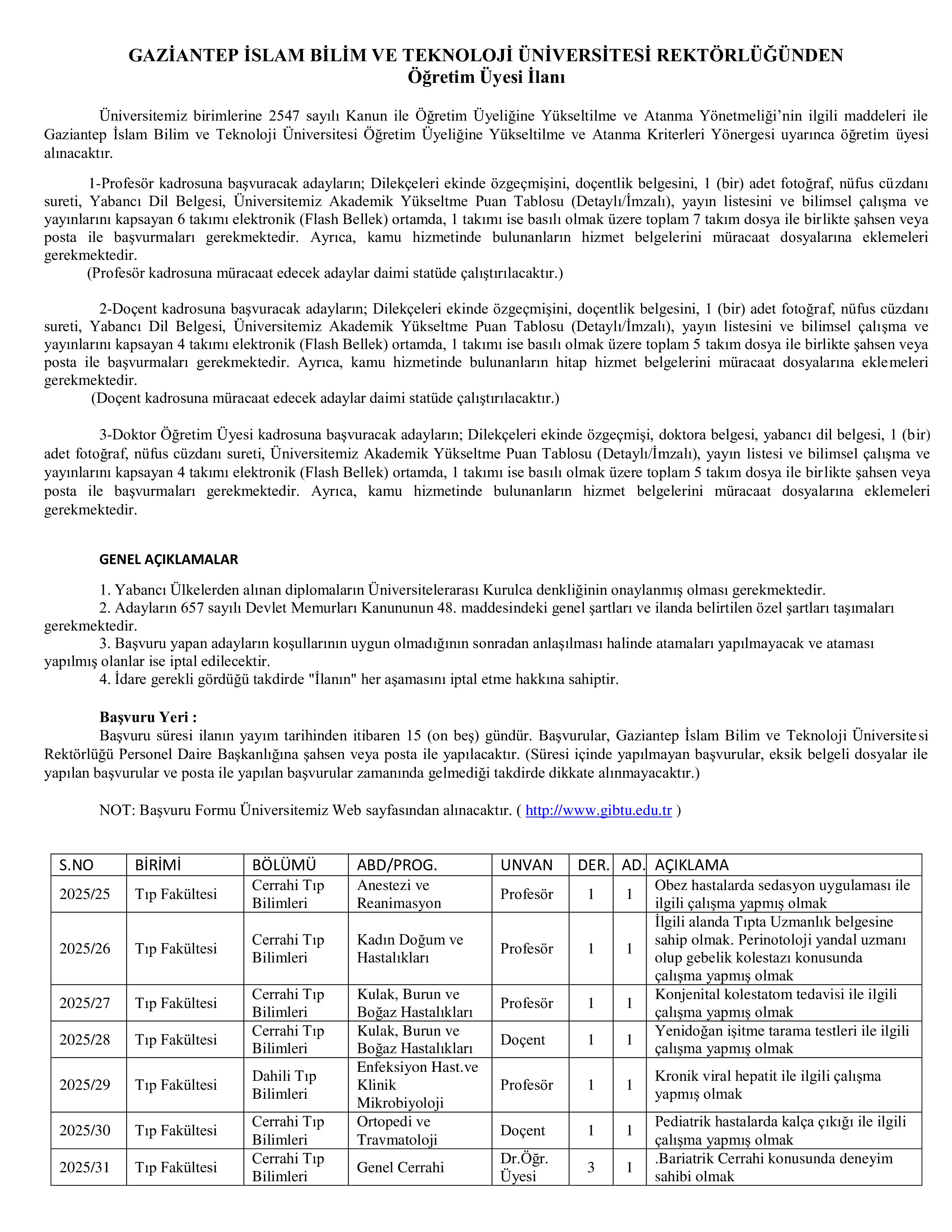 İlan İçeriği Sayfa 1 GAZİANTEP İSLAM BİLİM VE TEKNOLOJİ ÜNİVERSİTESİ 27 ÖĞRETİM ÜYESİ ALACAK ( 9 Aralık - 23 Aralık) İlan İçeriği Sayfa 1