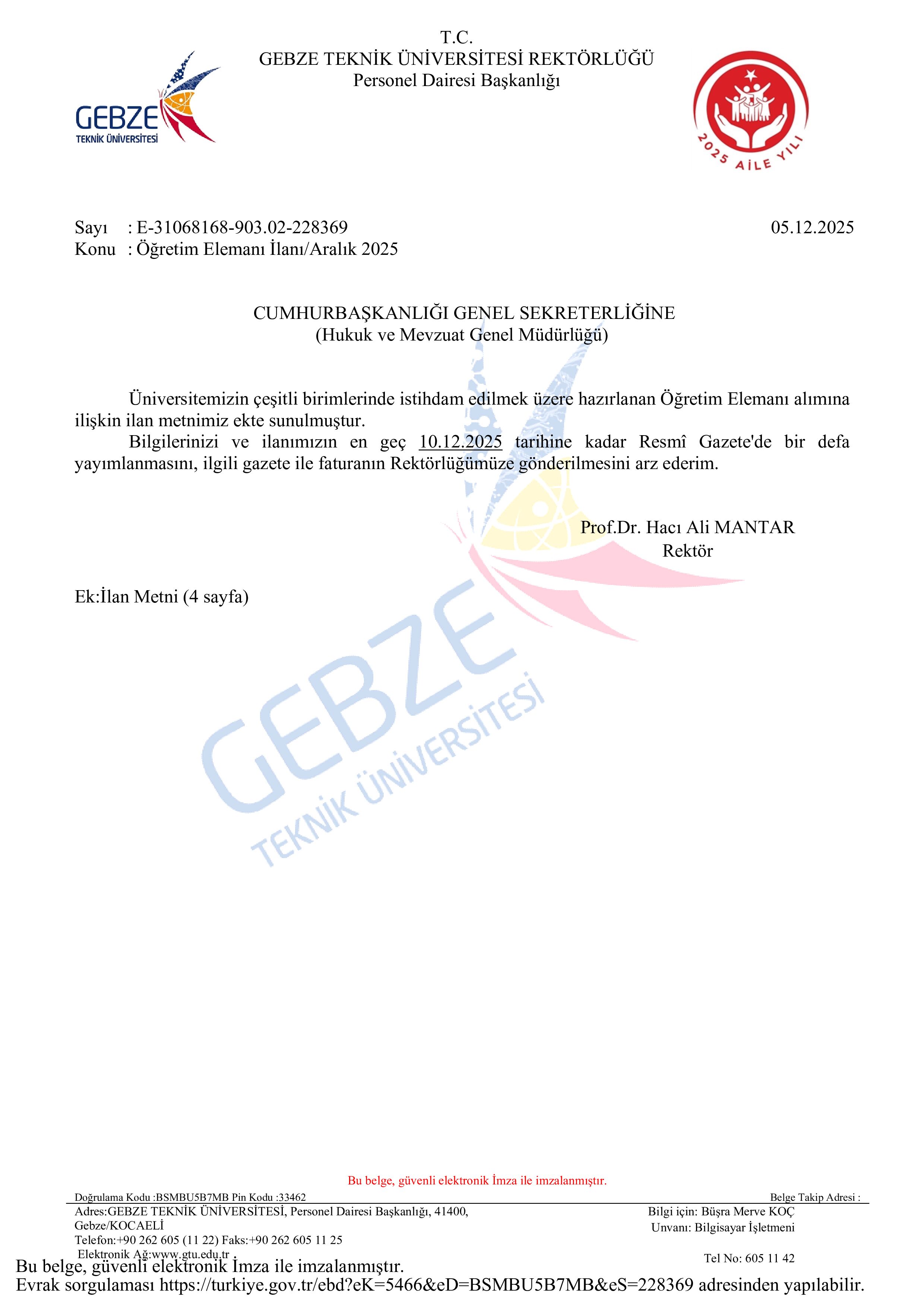 GEBZE TEKNİK ÜNİVERSİTESİ 9  ÖĞRETİM ELEMANI ALACAK ( 9 Aralık - 26 Aralık) İlan İçeriği Sayfa 1