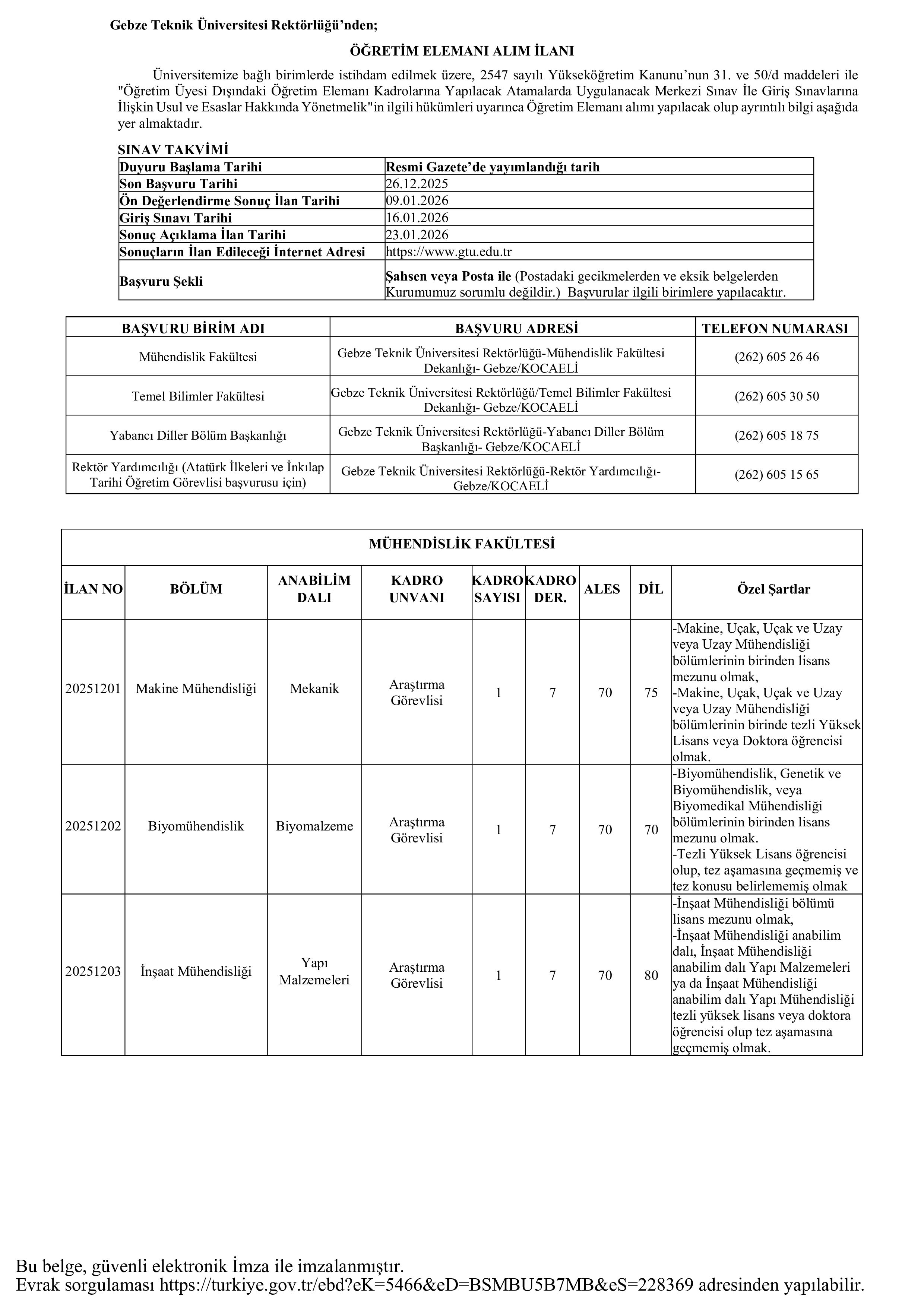 GEBZE TEKNİK ÜNİVERSİTESİ 9  ÖĞRETİM ELEMANI ALACAK ( 9 Aralık - 26 Aralık) İlan İçeriği Sayfa 2