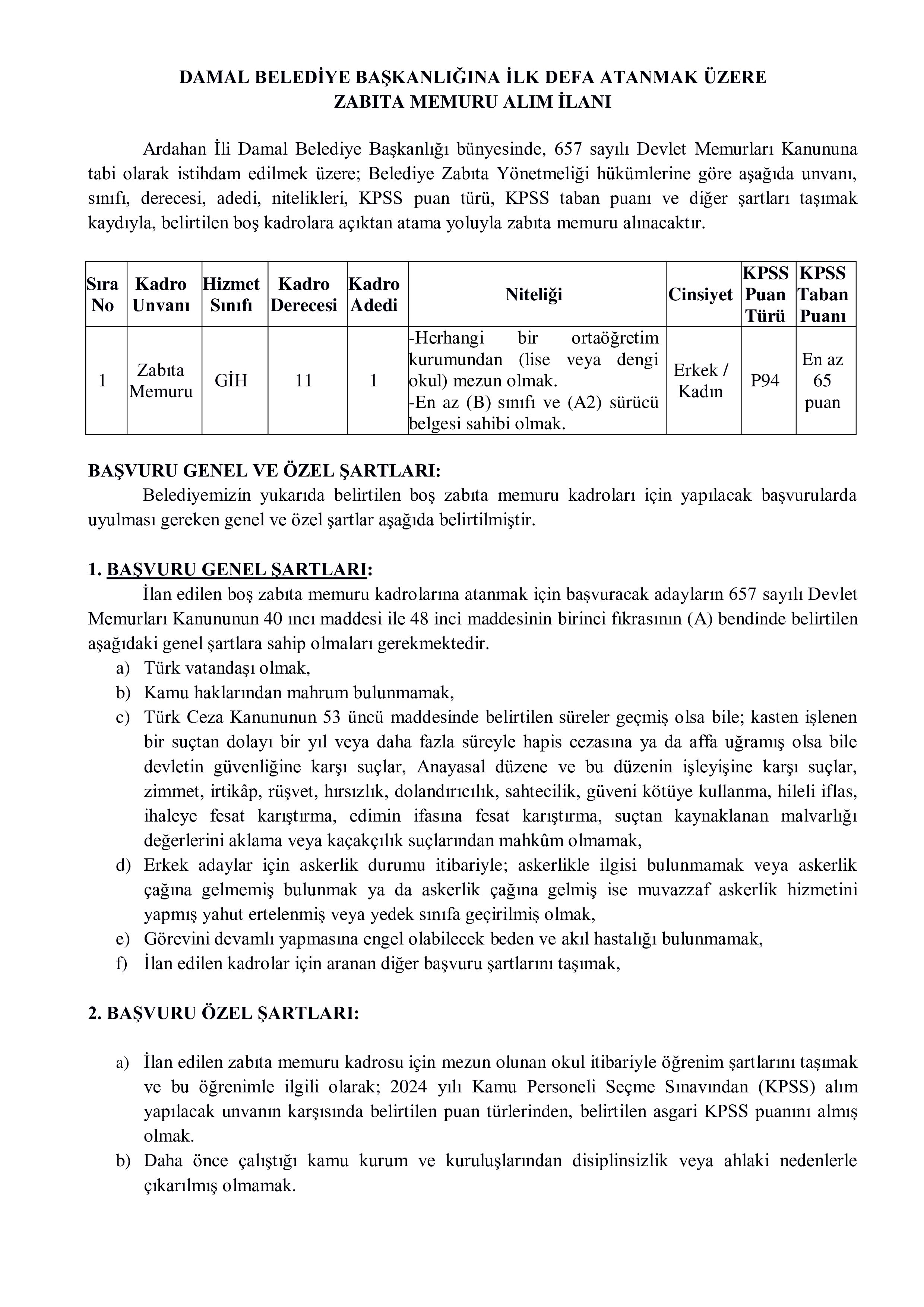DAMAL BELEDİYE BAŞKANLIĞI 1 MEMUR ALACAK ( 5 Kasım - 7 Kasım) İlan İçeriği Sayfa 1