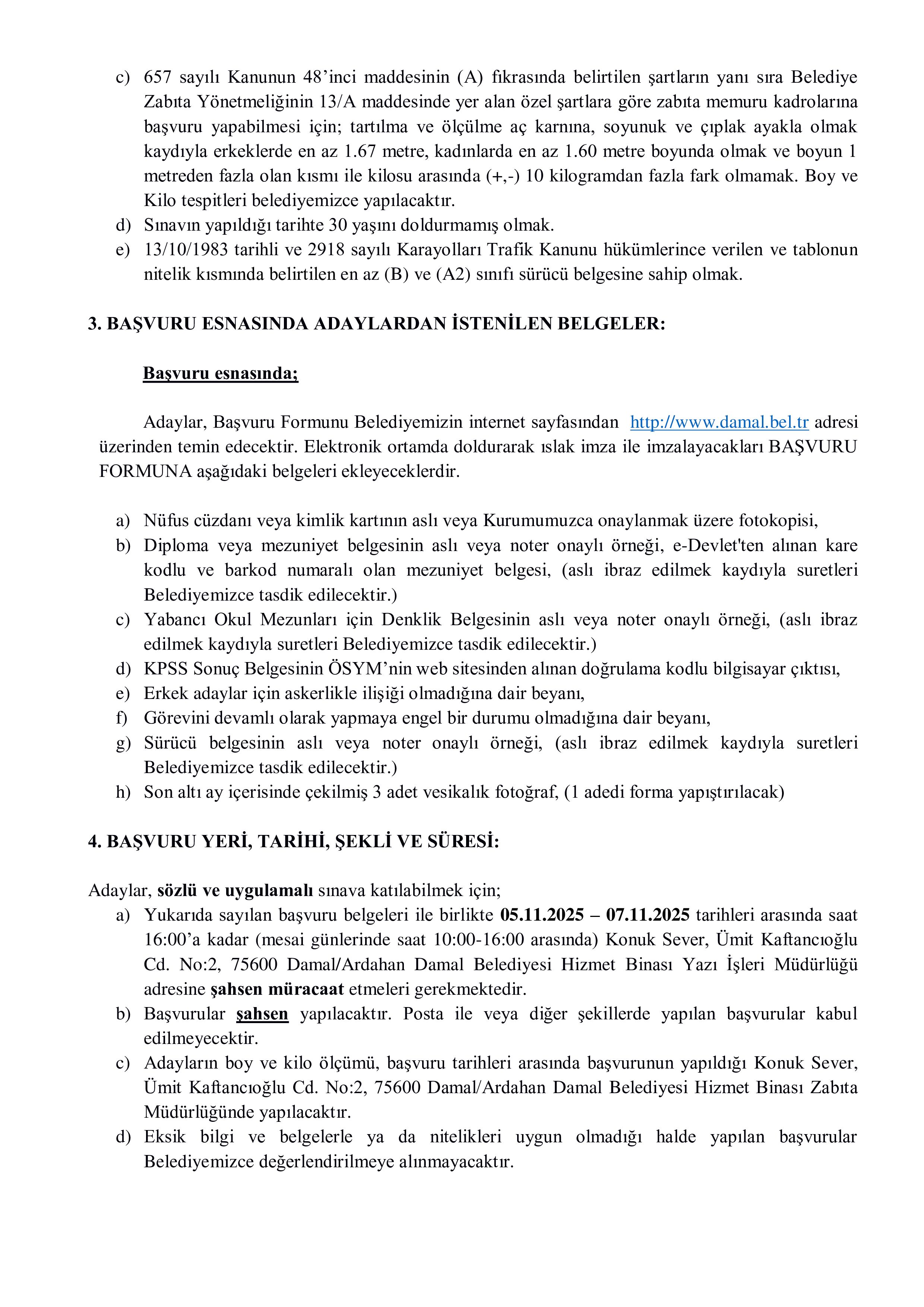 DAMAL BELEDİYE BAŞKANLIĞI 1 MEMUR ALACAK ( 5 Kasım - 7 Kasım) İlan İçeriği Sayfa 2